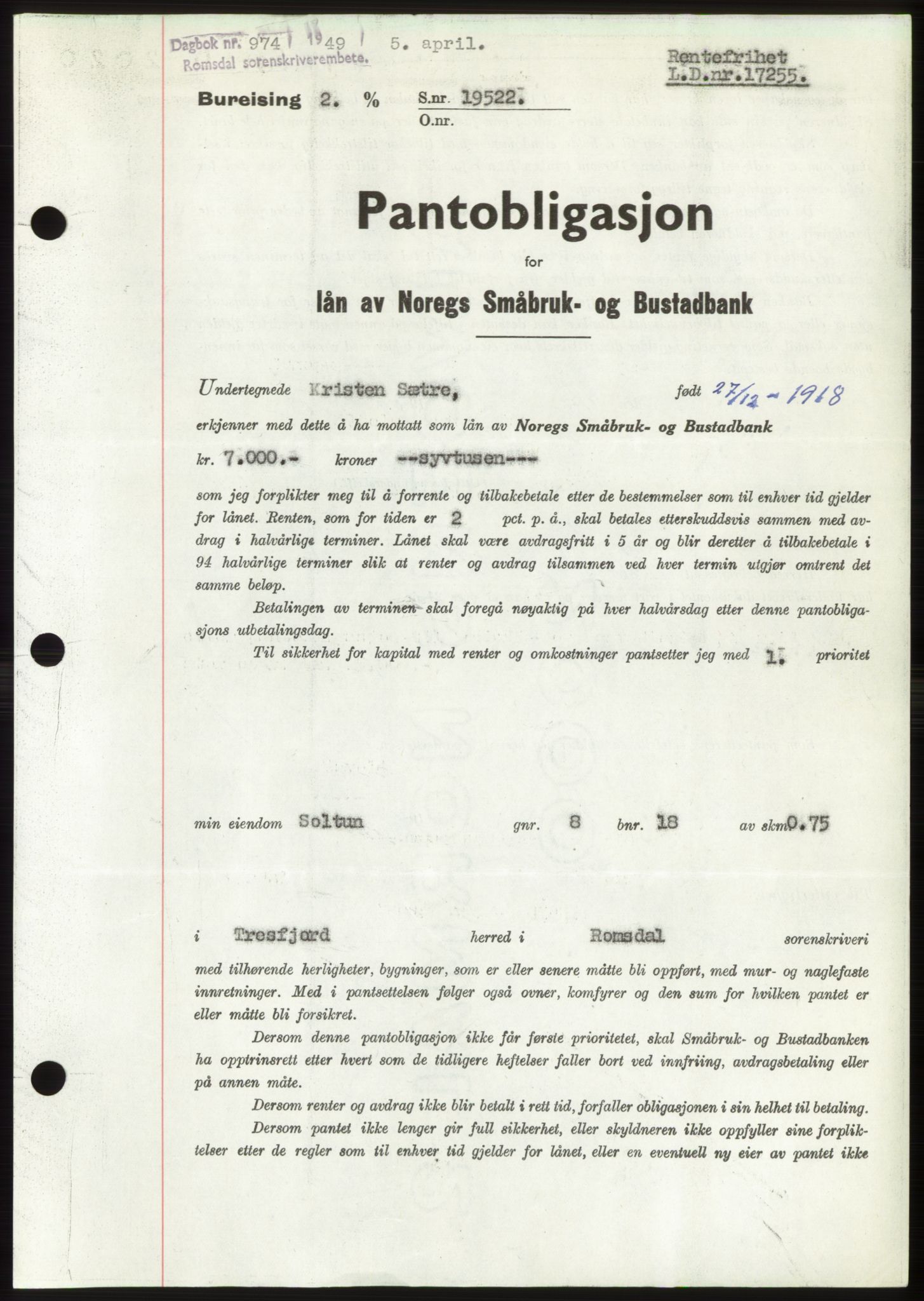 Romsdal sorenskriveri, AV/SAT-A-4149/1/2/2C: Pantebok nr. B4, 1948-1949, Dagboknr: 974/1949