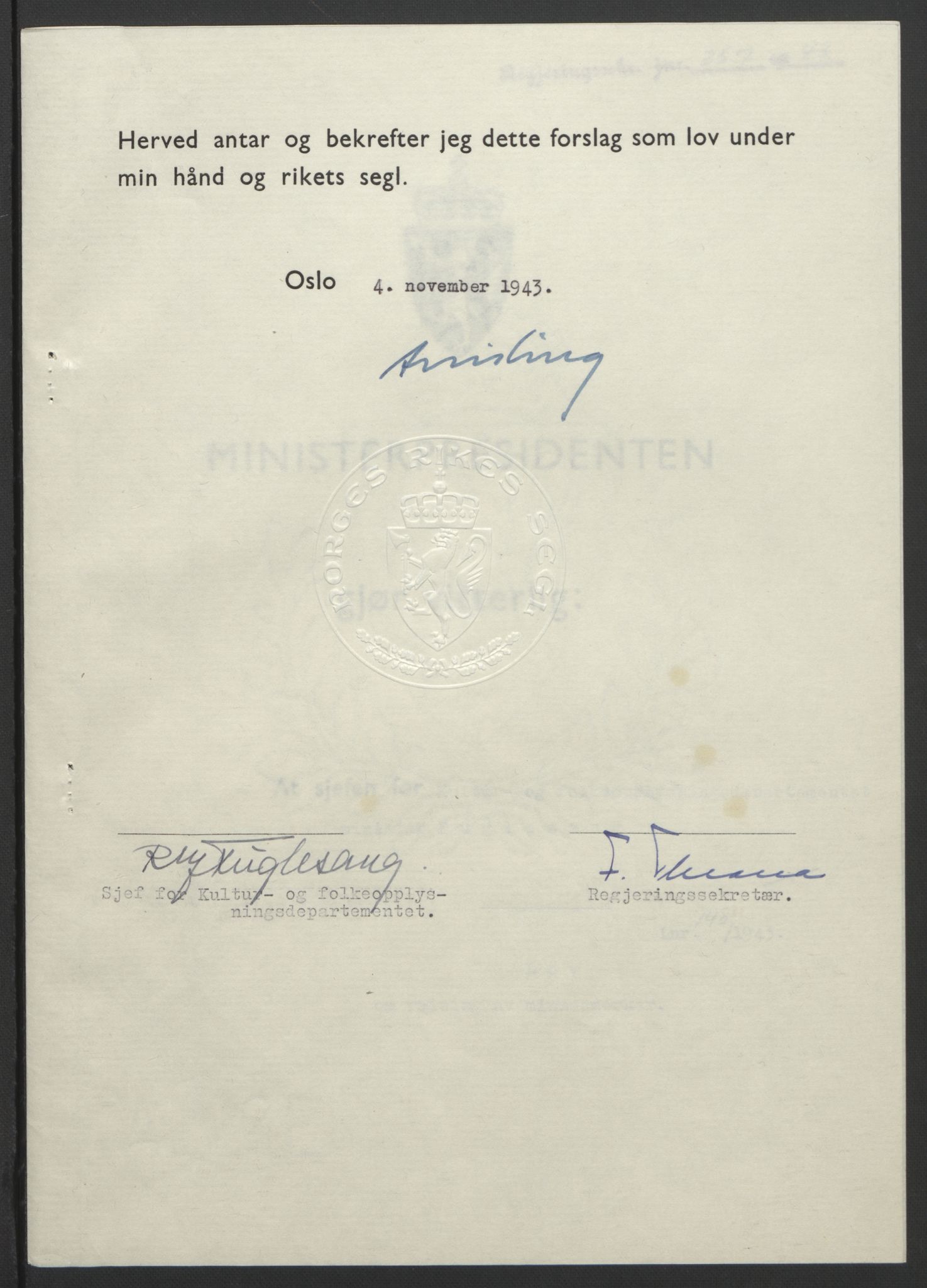 NS-administrasjonen 1940-1945 (Statsrådsekretariatet, de kommisariske statsråder mm), RA/S-4279/D/Db/L0099: Lover, 1943, s. 695