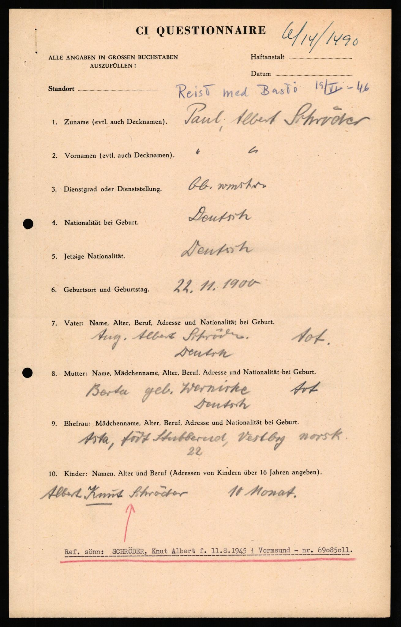 Forsvaret, Forsvarets overkommando II, AV/RA-RAFA-3915/D/Db/L0030: CI Questionaires. Tyske okkupasjonsstyrker i Norge. Tyskere., 1945-1946, s. 280