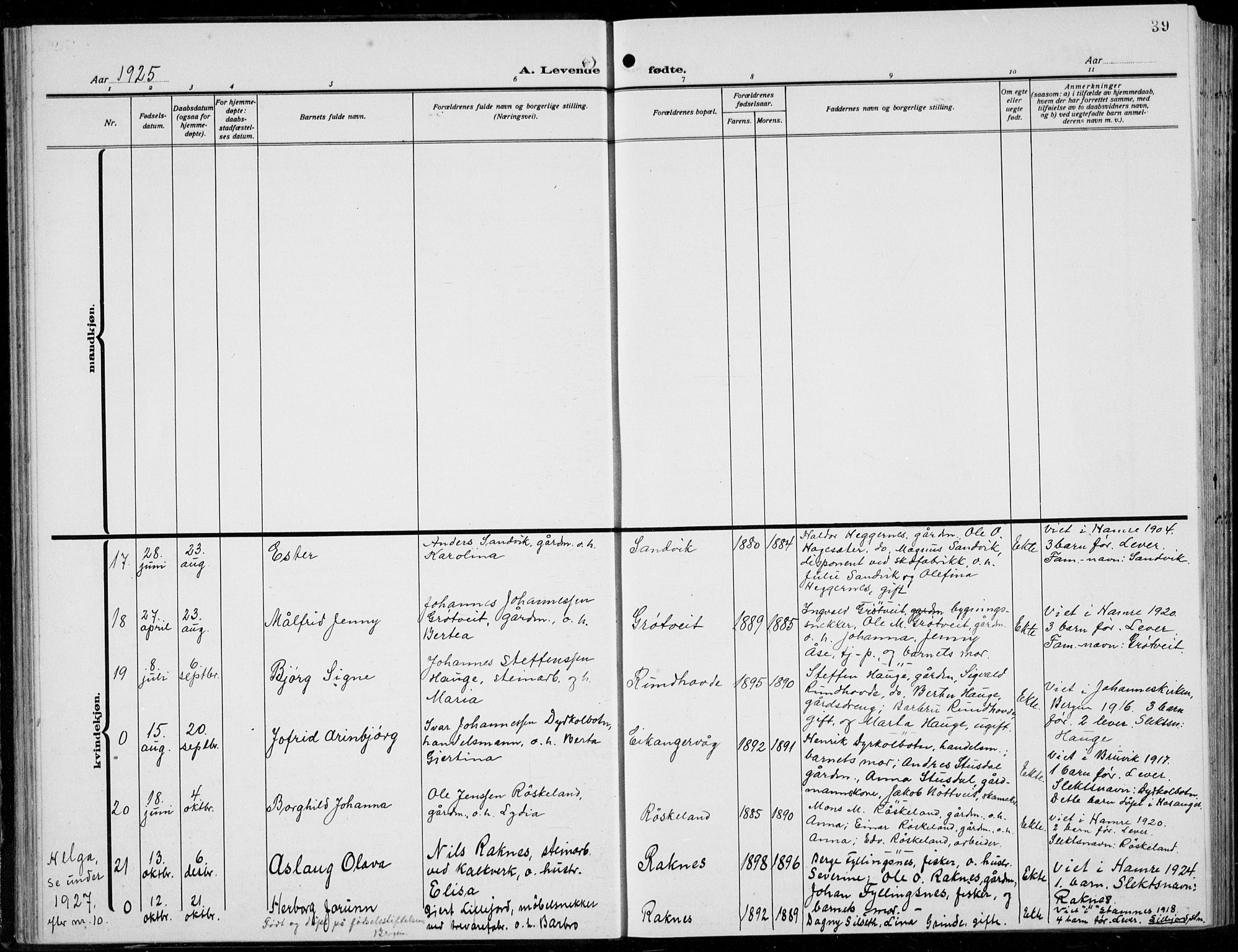 Hamre sokneprestembete, AV/SAB-A-75501/H/Ha/Hab: Klokkerbok nr. B 5, 1920-1940, s. 39