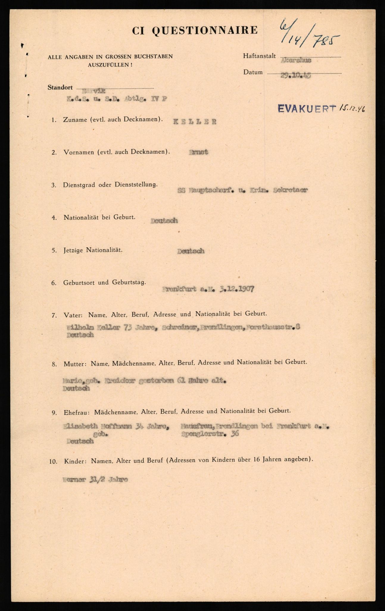 Forsvaret, Forsvarets overkommando II, AV/RA-RAFA-3915/D/Db/L0016: CI Questionaires. Tyske okkupasjonsstyrker i Norge. Tyskere., 1945-1946, s. 32