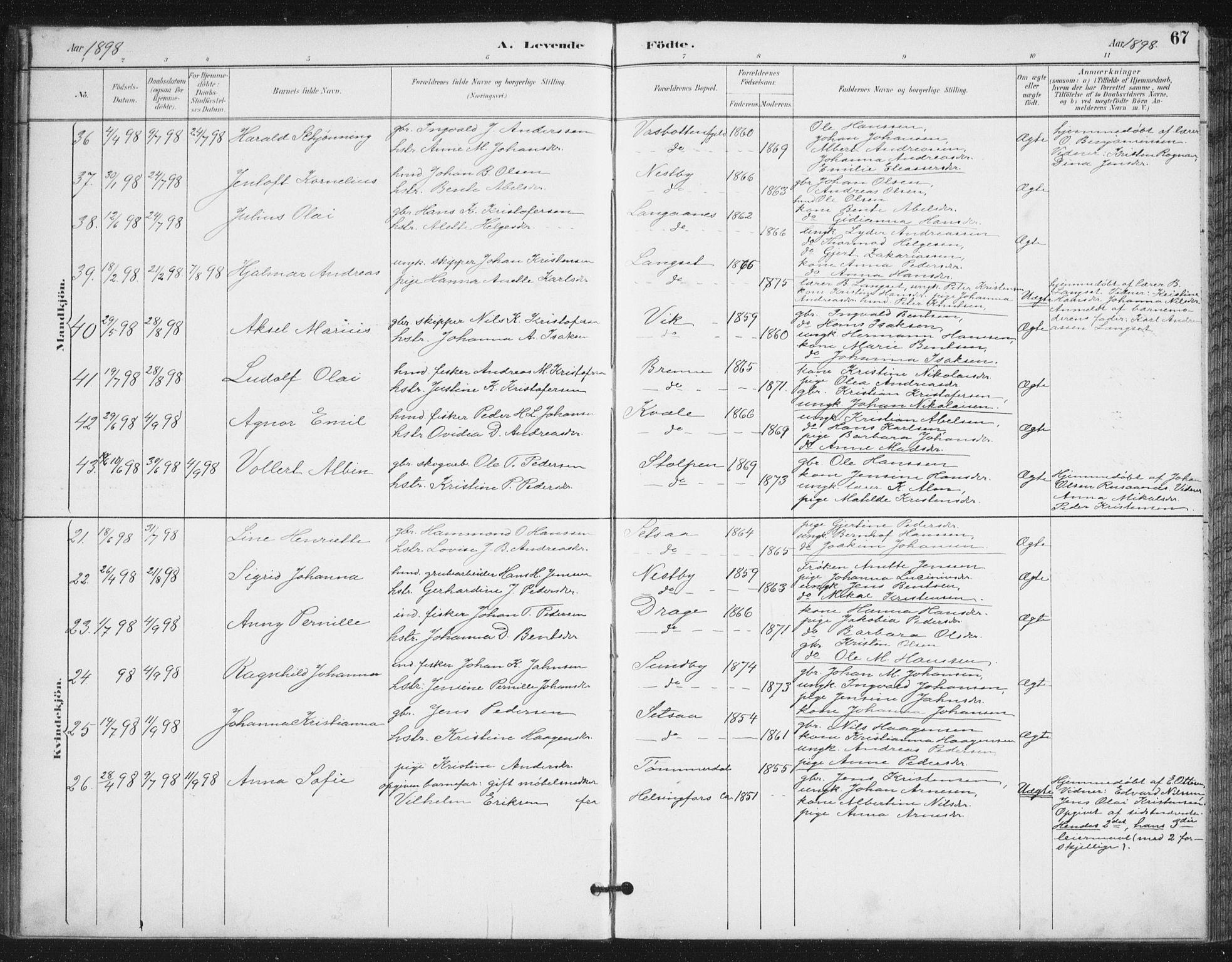 Ministerialprotokoller, klokkerbøker og fødselsregistre - Nordland, AV/SAT-A-1459/847/L0682: Klokkerbok nr. 847C10, 1889-1907, s. 67