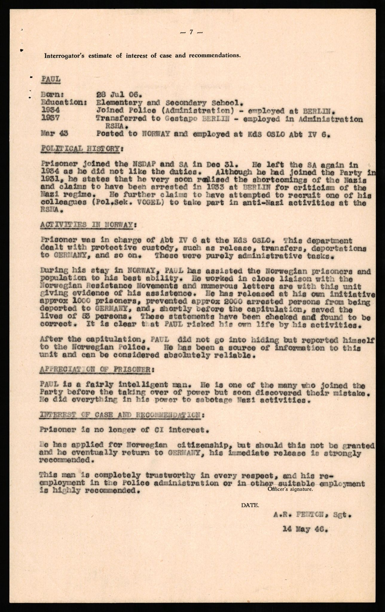 Forsvaret, Forsvarets overkommando II, AV/RA-RAFA-3915/D/Db/L0025: CI Questionaires. Tyske okkupasjonsstyrker i Norge. Tyskere., 1945-1946, s. 389