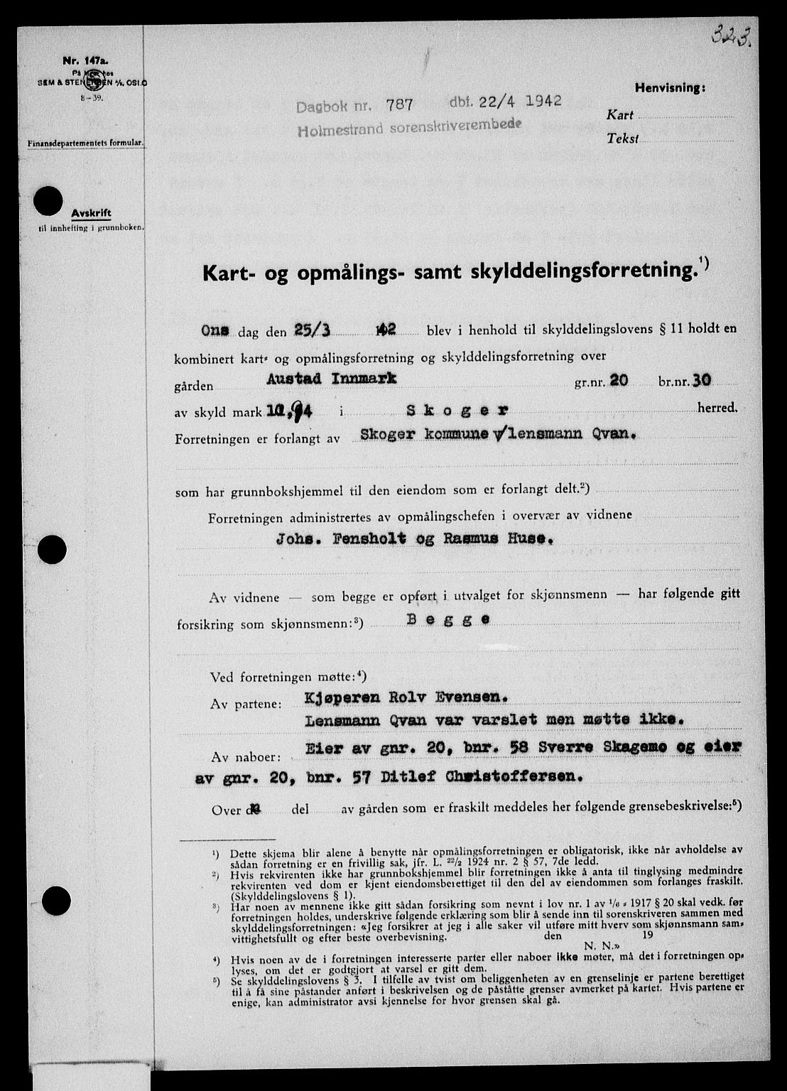 Holmestrand sorenskriveri, SAKO/A-67/G/Ga/Gaa/L0055: Pantebok nr. A-55, 1942-1942, Dagboknr: 787/1942