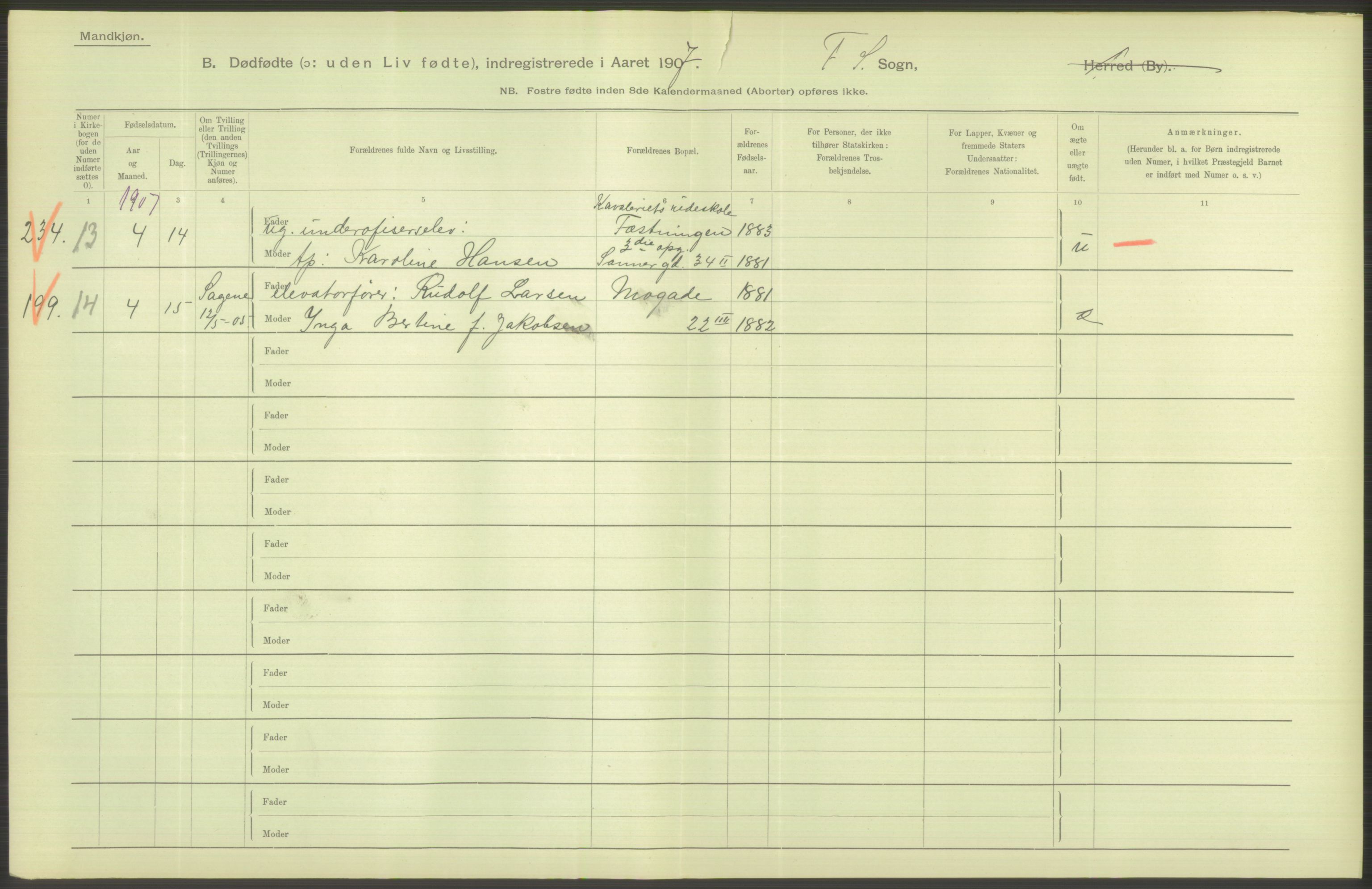 Statistisk sentralbyrå, Sosiodemografiske emner, Befolkning, AV/RA-S-2228/D/Df/Dfa/Dfae/L0010: Kristiania: Døde, dødfødte, 1907, s. 32