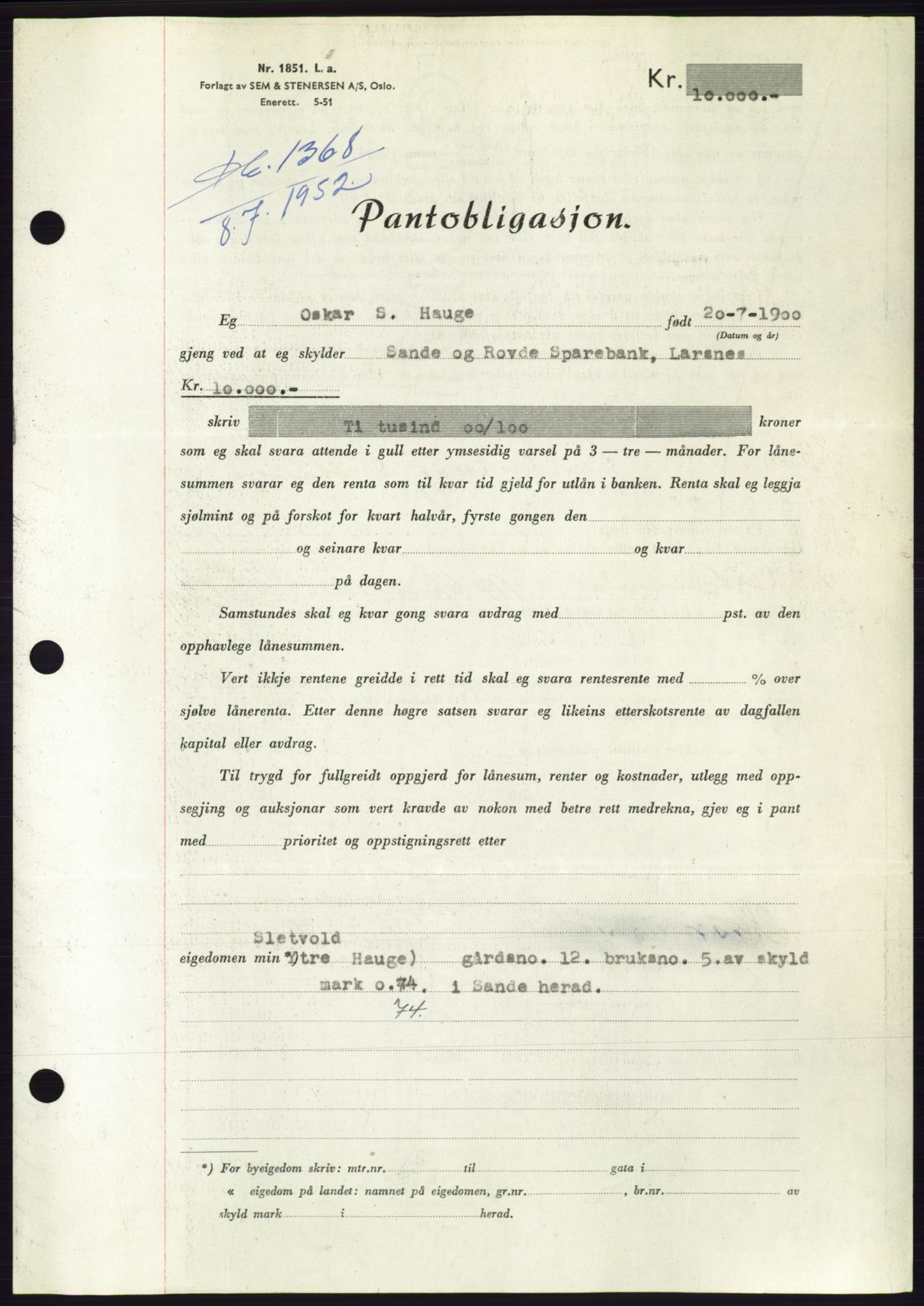 Søre Sunnmøre sorenskriveri, AV/SAT-A-4122/1/2/2C/L0121: Pantebok nr. 9B, 1951-1952, Dagboknr: 1368/1952