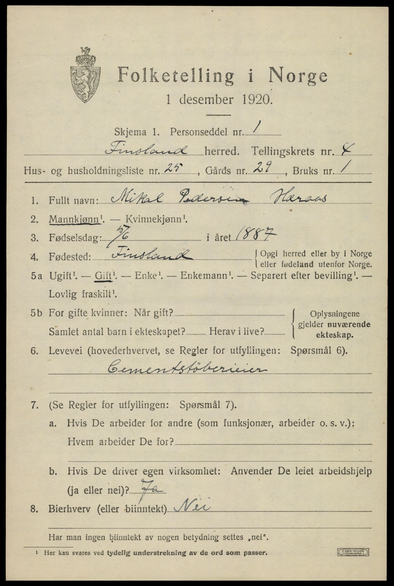 SAK, Folketelling 1920 for 1023 Finsland herred, 1920, s. 1810