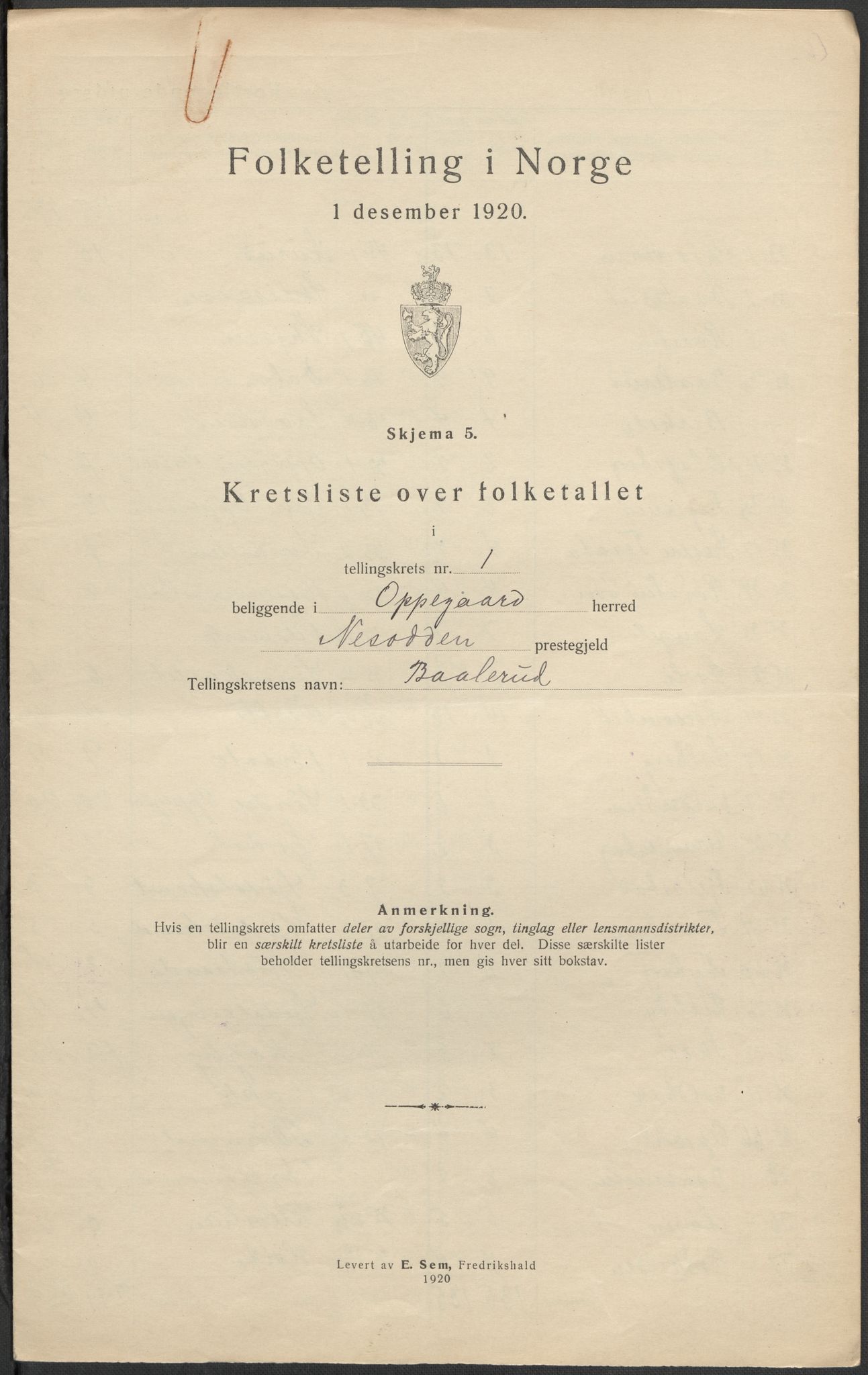 SAO, Folketelling 1920 for 0217 Oppegård herred, 1920, s. 5