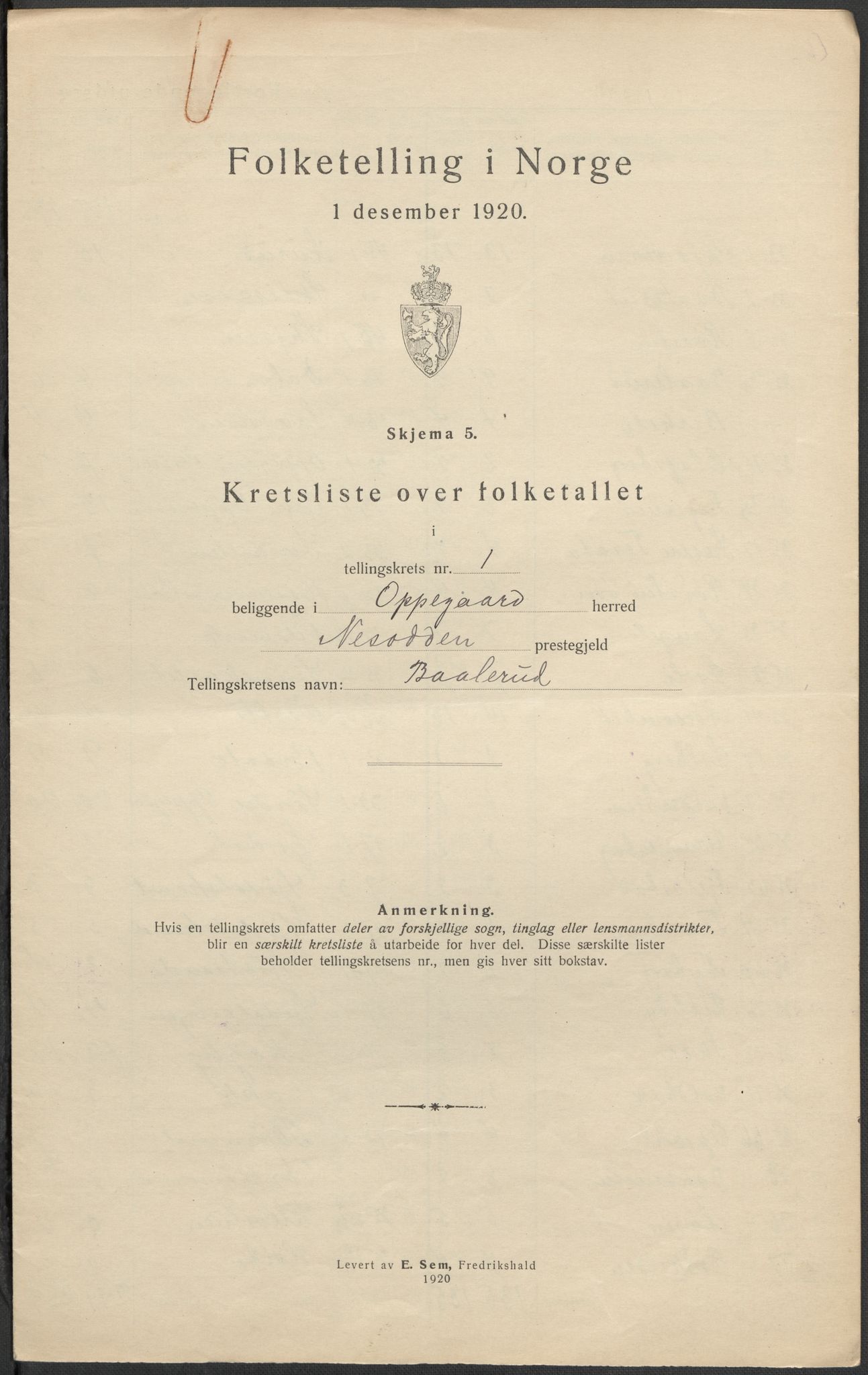 SAO, Folketelling 1920 for 0217 Oppegård herred, 1920, s. 5