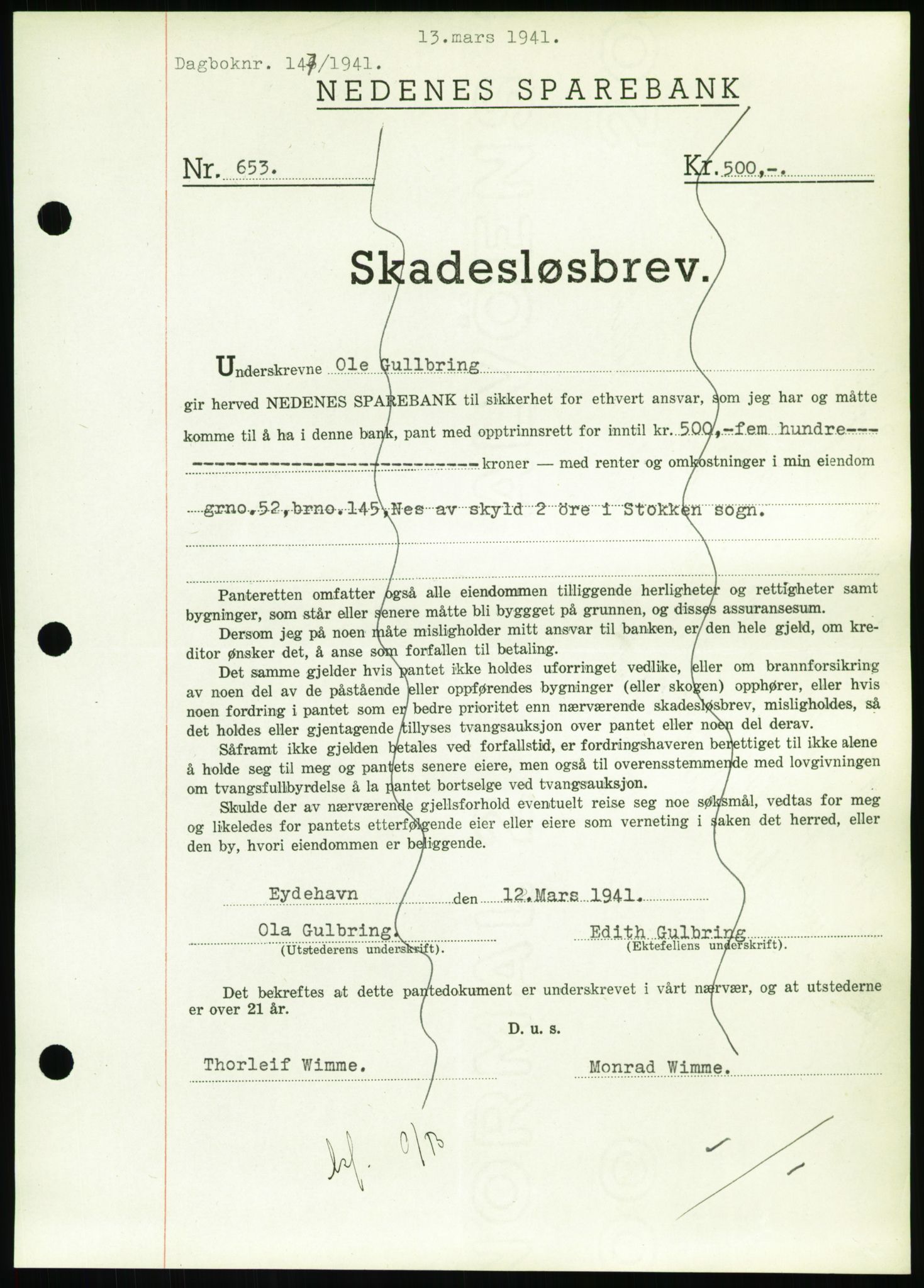 Nedenes sorenskriveri, SAK/1221-0006/G/Gb/Gbb/L0001: Pantebok nr. I, 1939-1942, Dagboknr: 147/1941