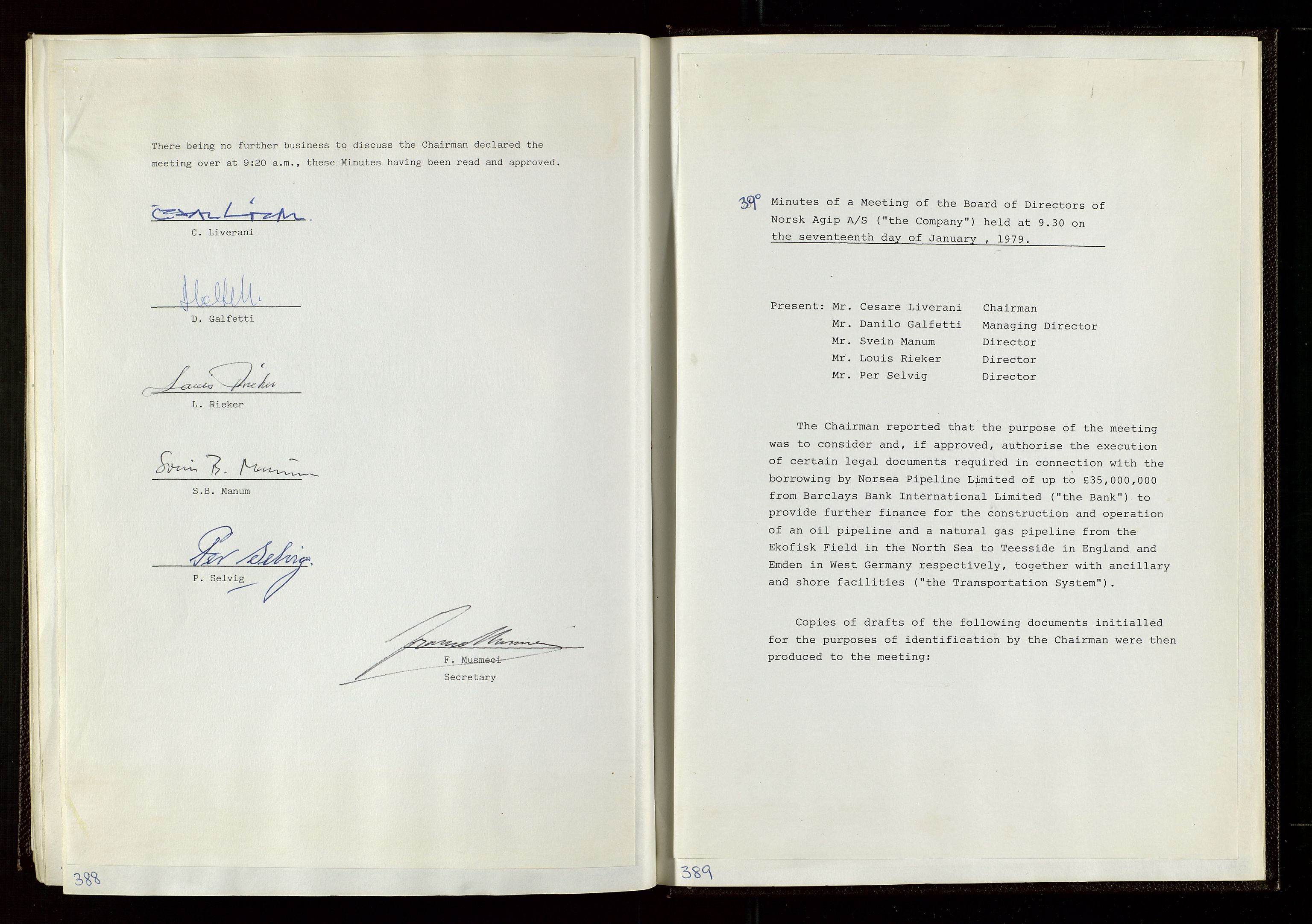 Pa 1583 - Norsk Agip AS, AV/SAST-A-102138/A/Aa/L0002: General assembly and Board of Directors meeting minutes, 1972-1979, s. 388-389