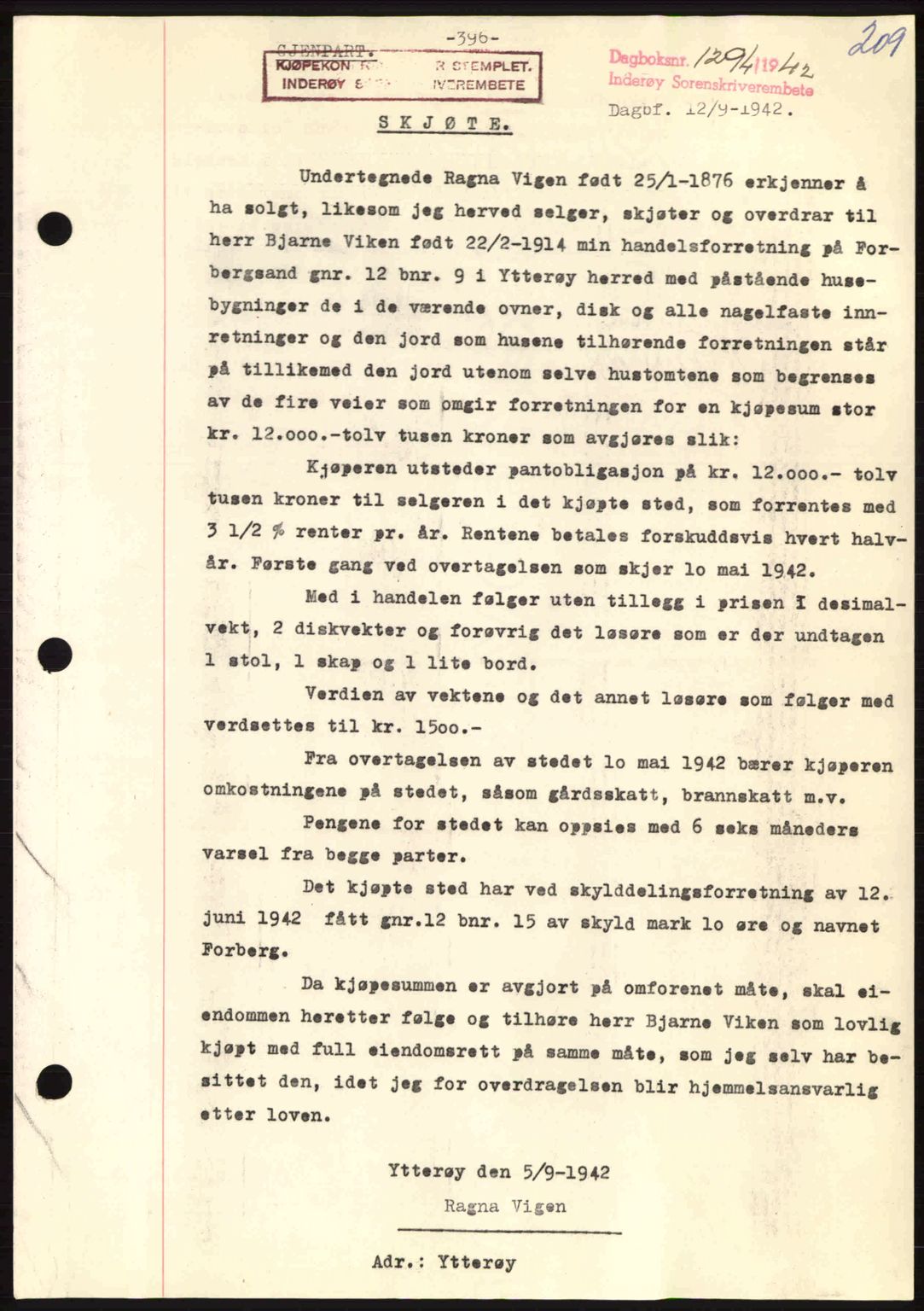 Inderøy sorenskriveri, SAT/A-4147/1/2/2C: Pantebok nr. Y1, 1936-1950, Dagboknr: 1294/1942