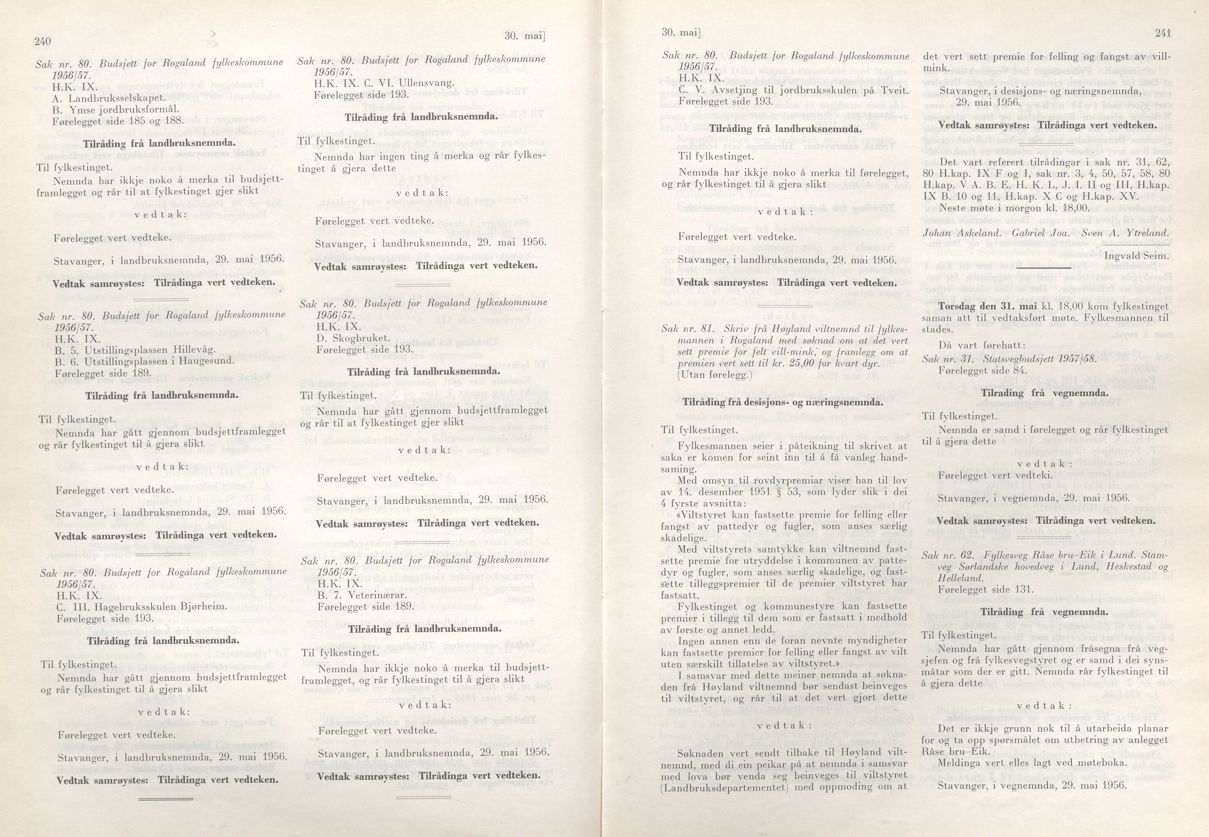 Rogaland fylkeskommune - Fylkesrådmannen , IKAR/A-900/A/Aa/Aaa/L0075: Møtebok , 1956, s. 240-241