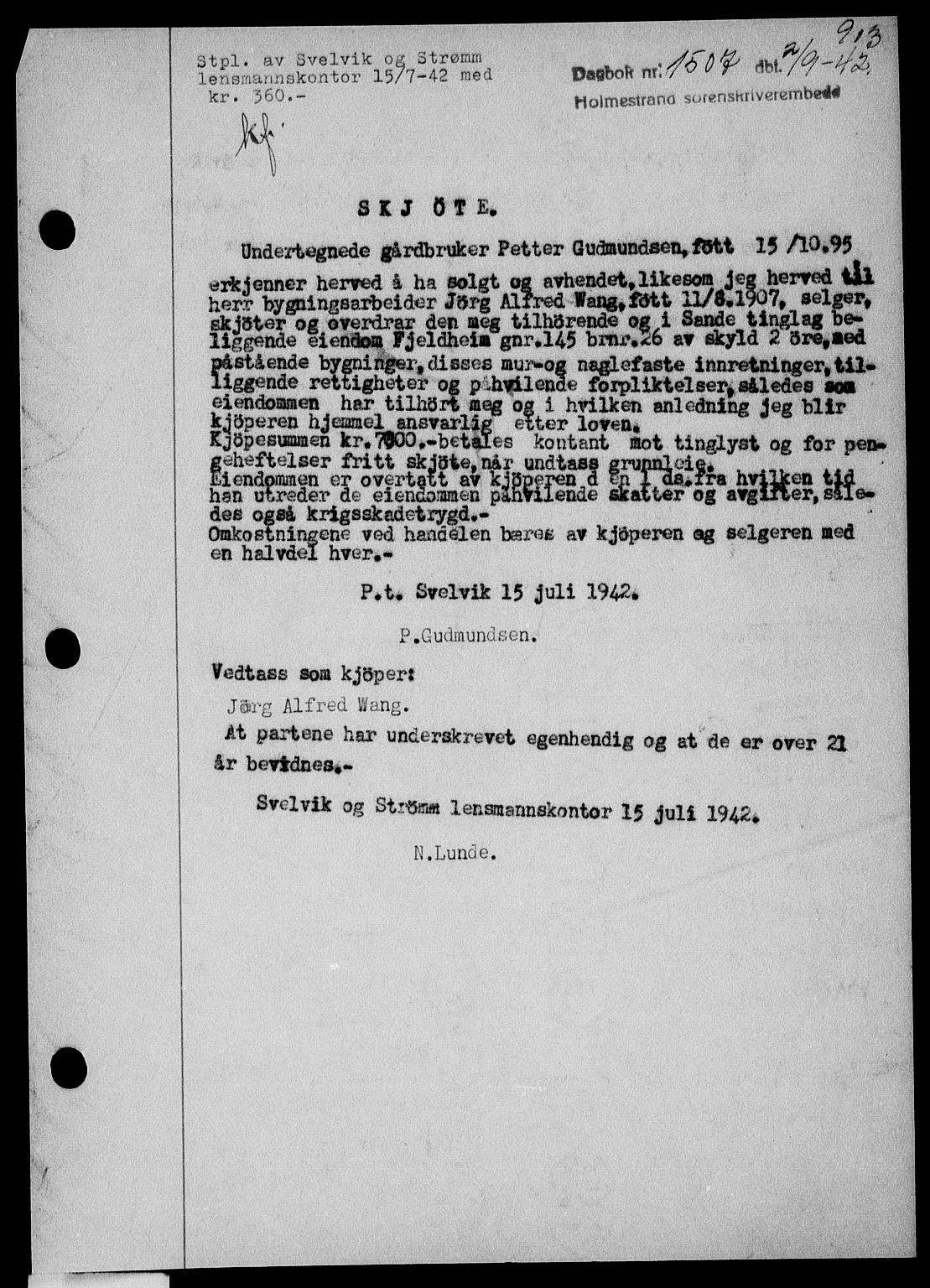 Holmestrand sorenskriveri, SAKO/A-67/G/Ga/Gaa/L0055: Pantebok nr. A-55, 1942-1942, Dagboknr: 1507/1942