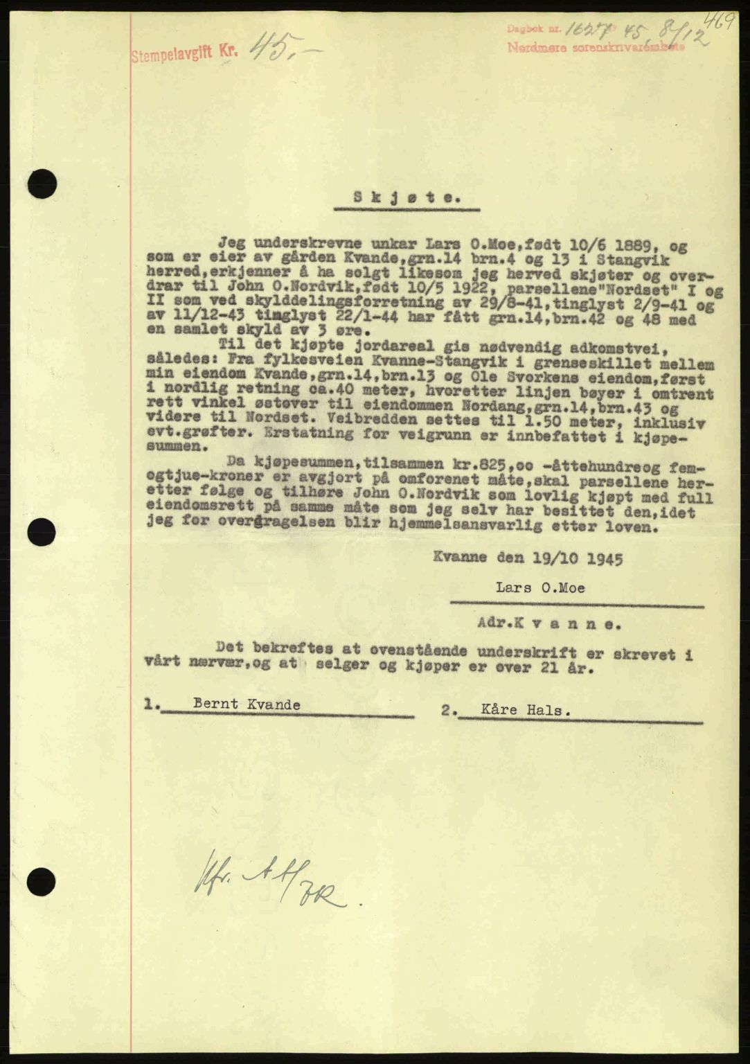 Nordmøre sorenskriveri, AV/SAT-A-4132/1/2/2Ca: Pantebok nr. A100a, 1945-1945, Dagboknr: 1627/1945