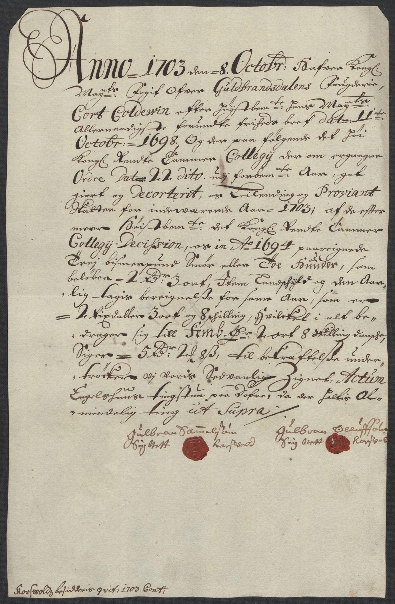 Rentekammeret inntil 1814, Reviderte regnskaper, Fogderegnskap, RA/EA-4092/R17/L1176: Fogderegnskap Gudbrandsdal, 1703, s. 160