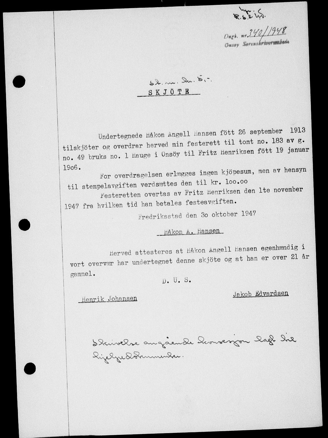 Onsøy sorenskriveri, SAO/A-10474/G/Ga/Gab/L0022: Pantebok nr. II A-22, 1947-1948, Dagboknr: 340/1948
