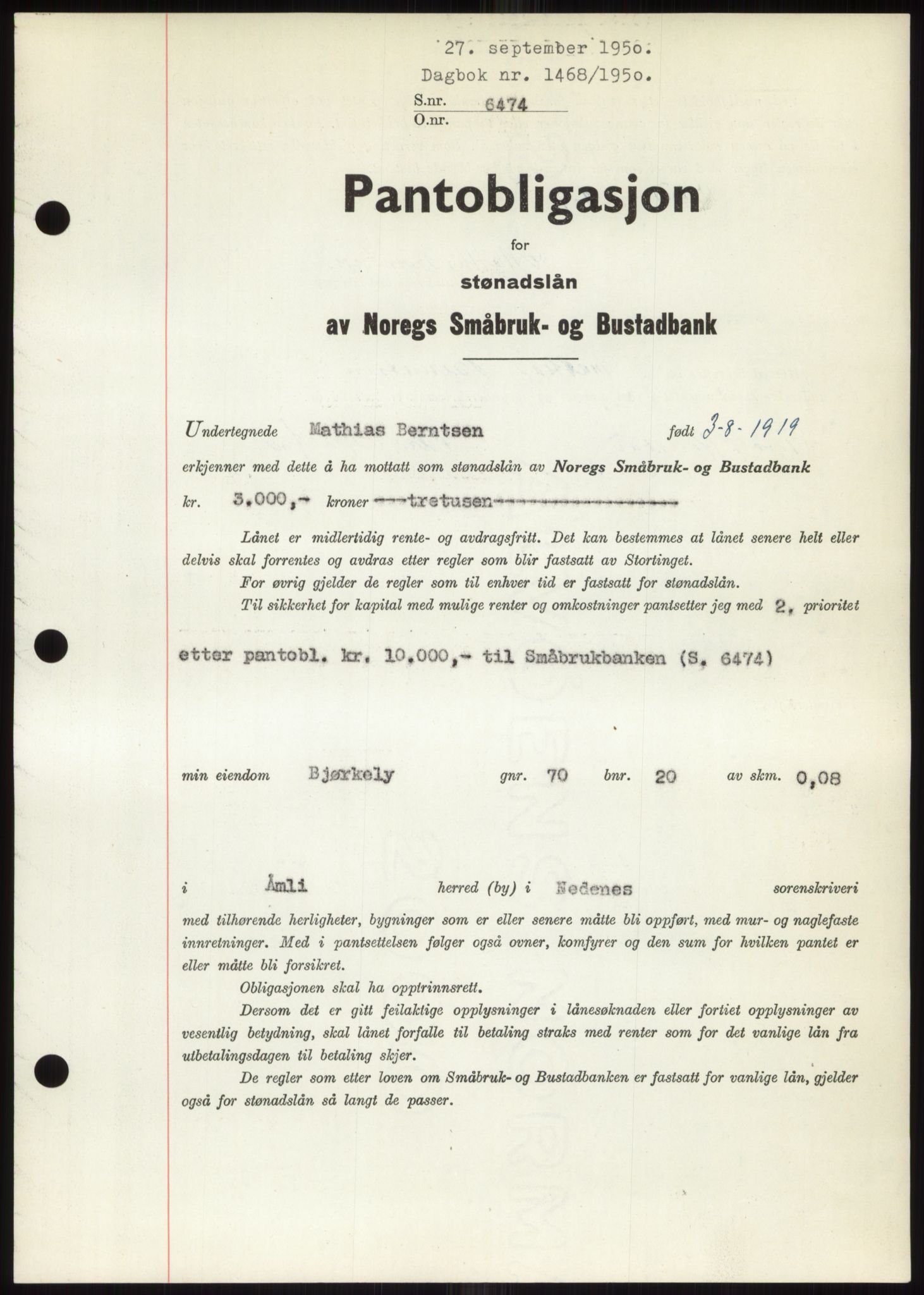 Nedenes sorenskriveri, SAK/1221-0006/G/Gb/Gbb/L0008: Pantebok nr. B8, 1950-1950, Dagboknr: 1468/1950