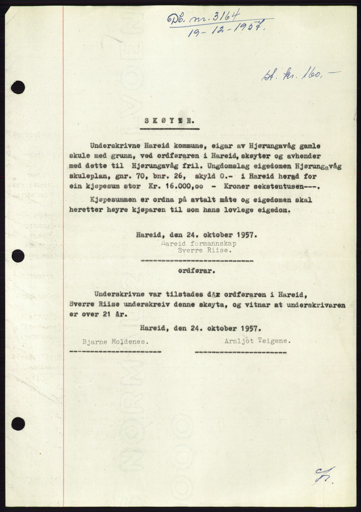 Søre Sunnmøre sorenskriveri, AV/SAT-A-4122/1/2/2C/L0108: Pantebok nr. 34A, 1957-1958, Dagboknr: 3164/1957