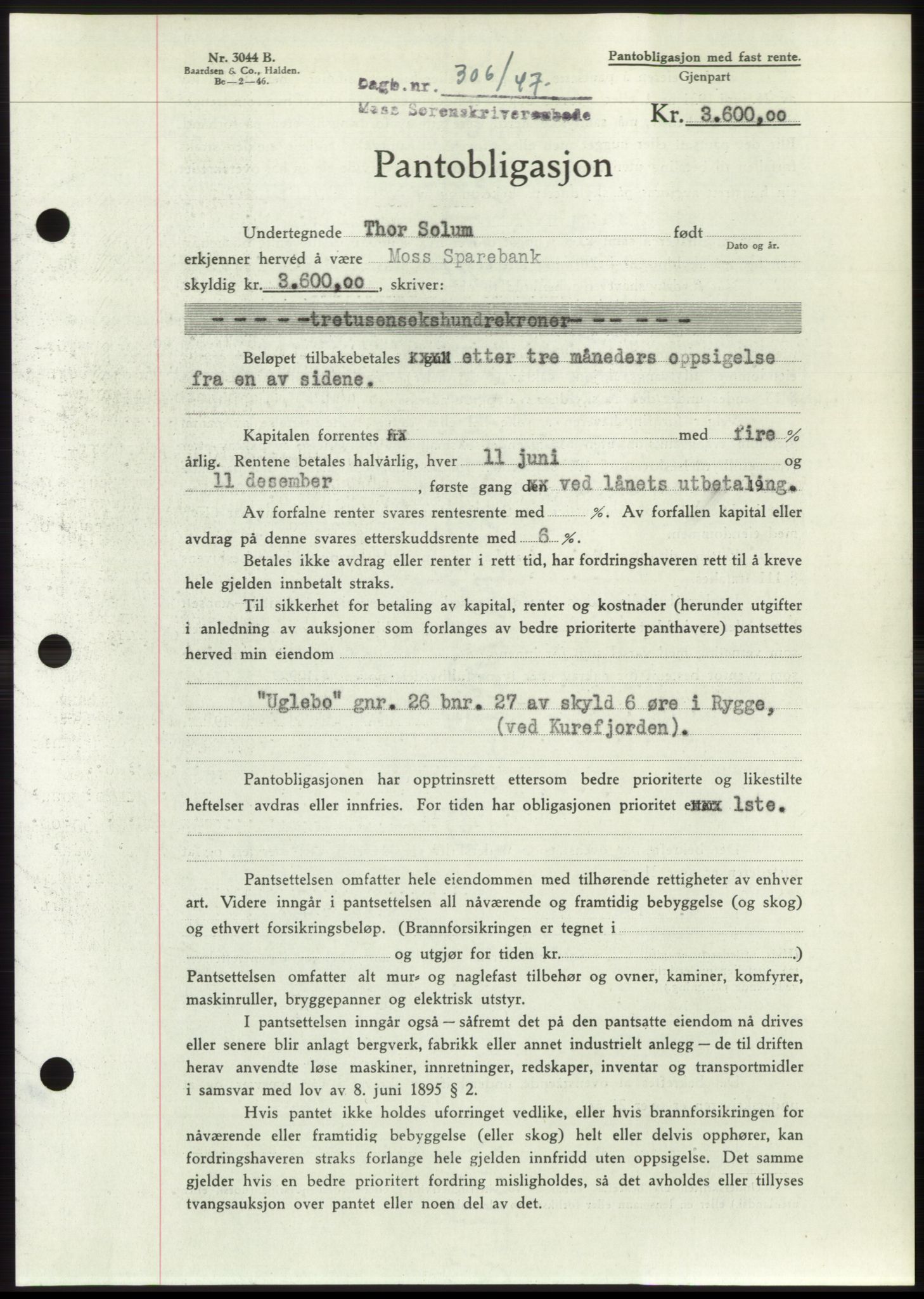 Moss sorenskriveri, SAO/A-10168: Pantebok nr. B16, 1946-1947, Dagboknr: 306/1947