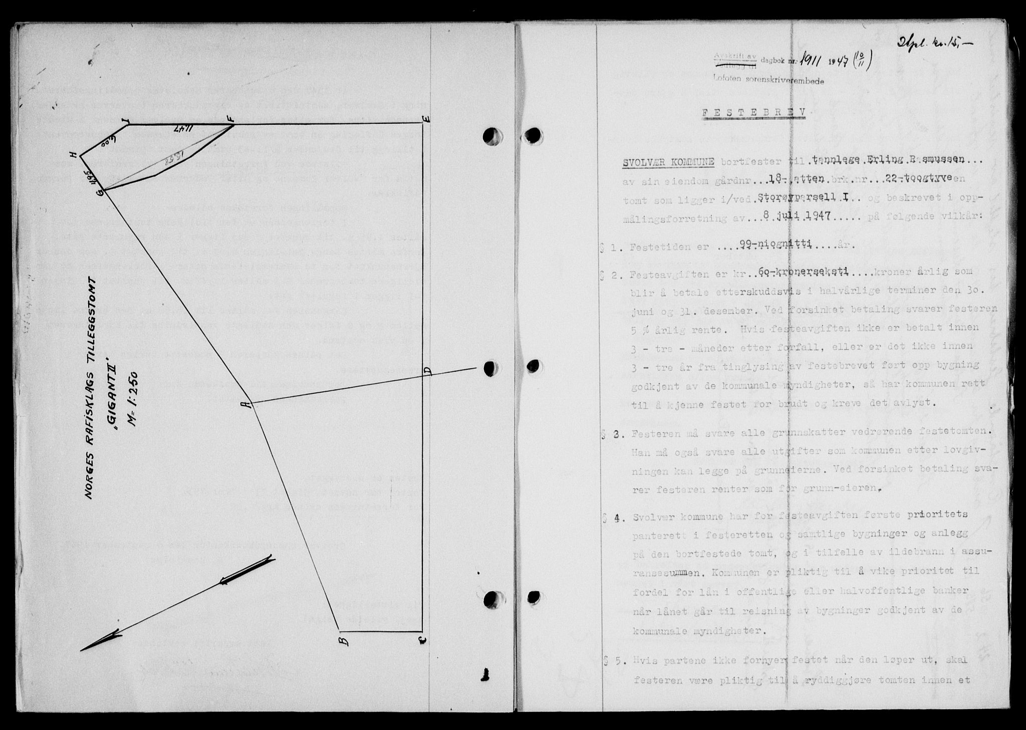 Lofoten sorenskriveri, SAT/A-0017/1/2/2C/L0017a: Pantebok nr. 17a, 1947-1948, Dagboknr: 1911/1947