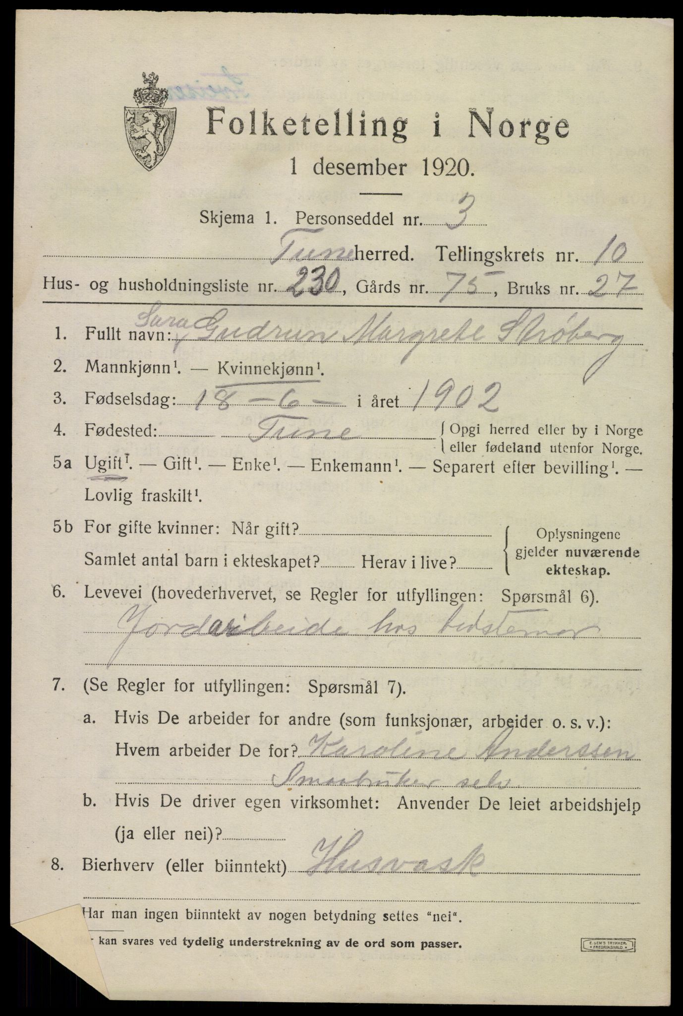 SAO, Folketelling 1920 for 0130 Tune herred, 1920, s. 13890