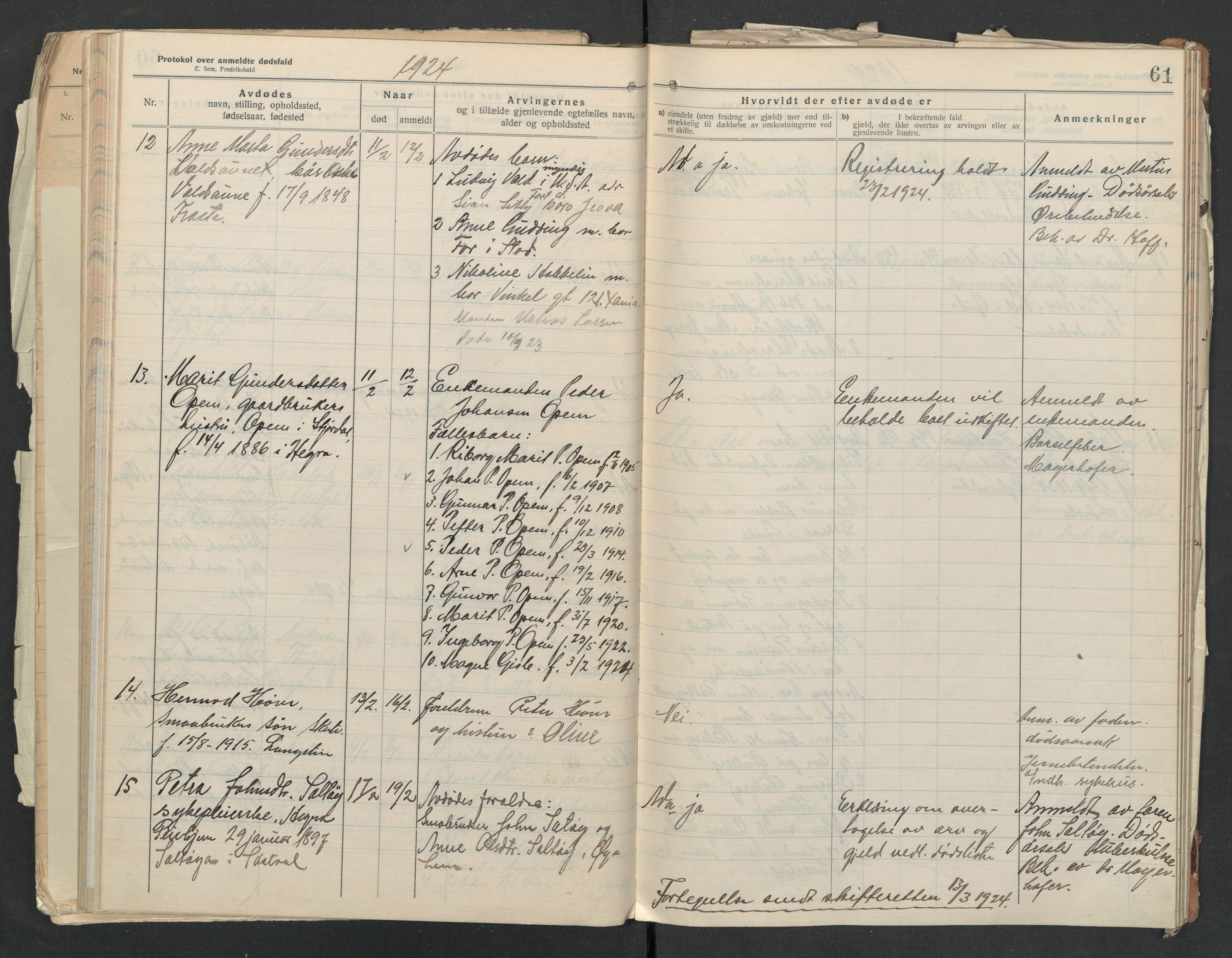 Nedre Stjørdal lensmannskontor, AV/SAT-A-1044/02/L0005: 2.01.05 Dødsfallsprotokoller, 1921-1928, s. 61