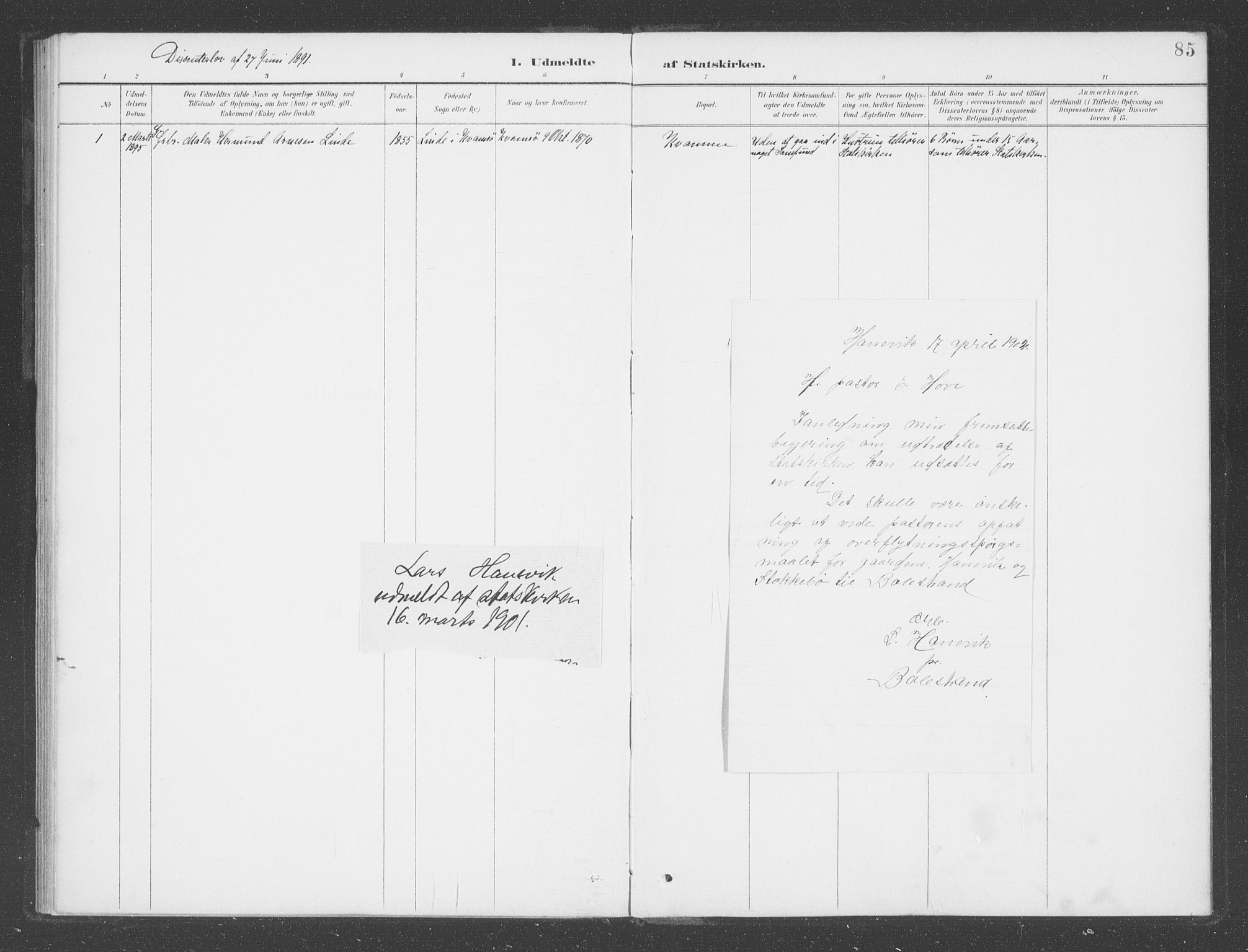 Balestrand sokneprestembete, SAB/A-79601: Ministerialbok nr. D  2, 1891-1907, s. 85