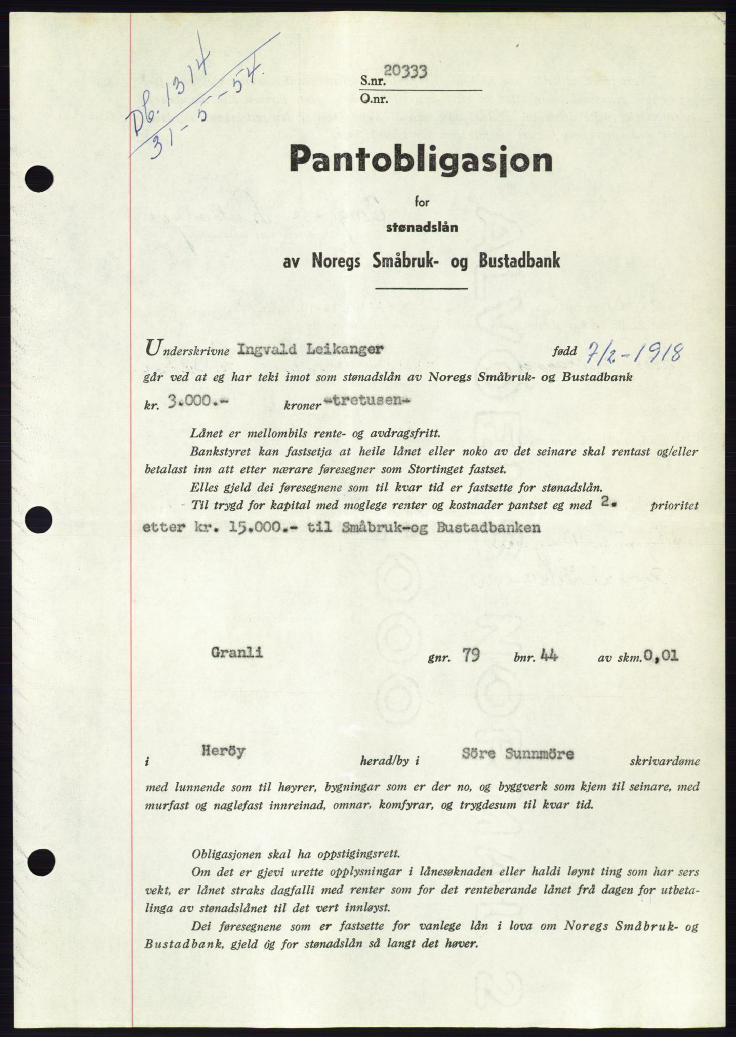 Søre Sunnmøre sorenskriveri, SAT/A-4122/1/2/2C/L0125: Pantebok nr. 13B, 1954-1954, Dagboknr: 1314/1954