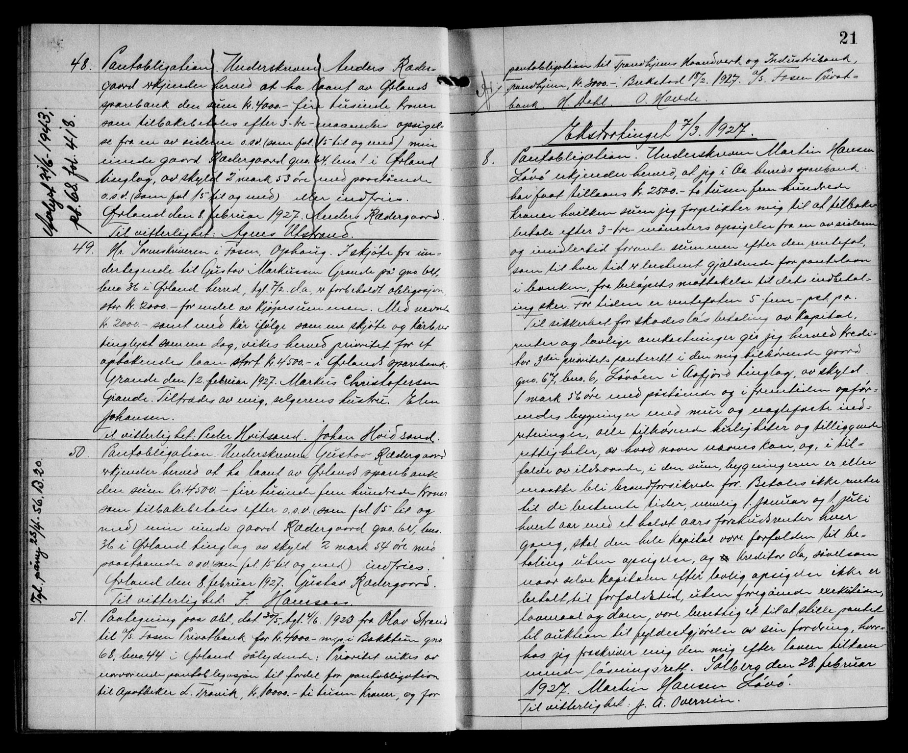 Fosen sorenskriveri, AV/SAT-A-1107/1/2/2C/L0064: Pantebok nr. 55, 1927-1930, s. 21