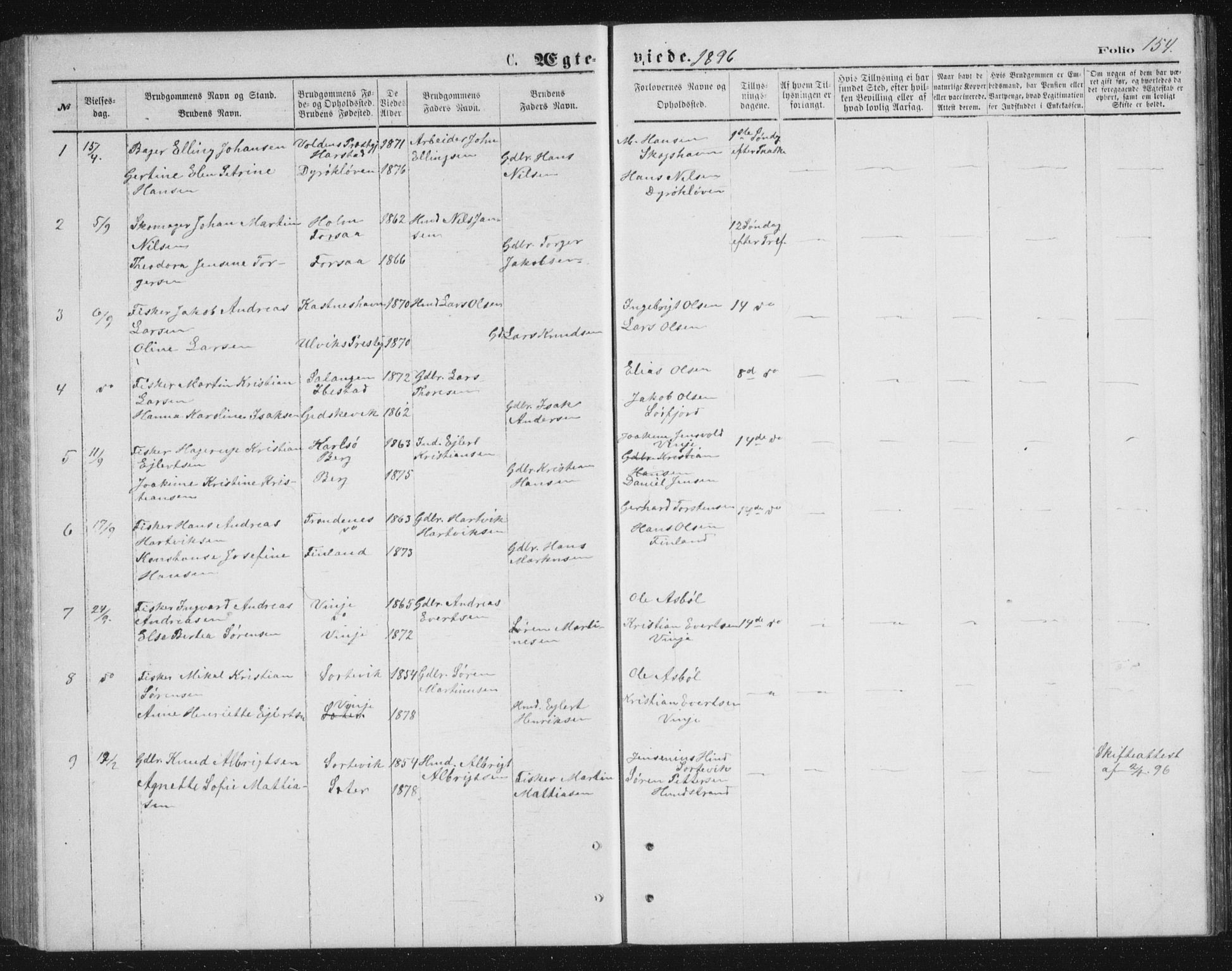 Tranøy sokneprestkontor, AV/SATØ-S-1313/I/Ia/Iab/L0013klokker: Klokkerbok nr. 13, 1874-1896, s. 154