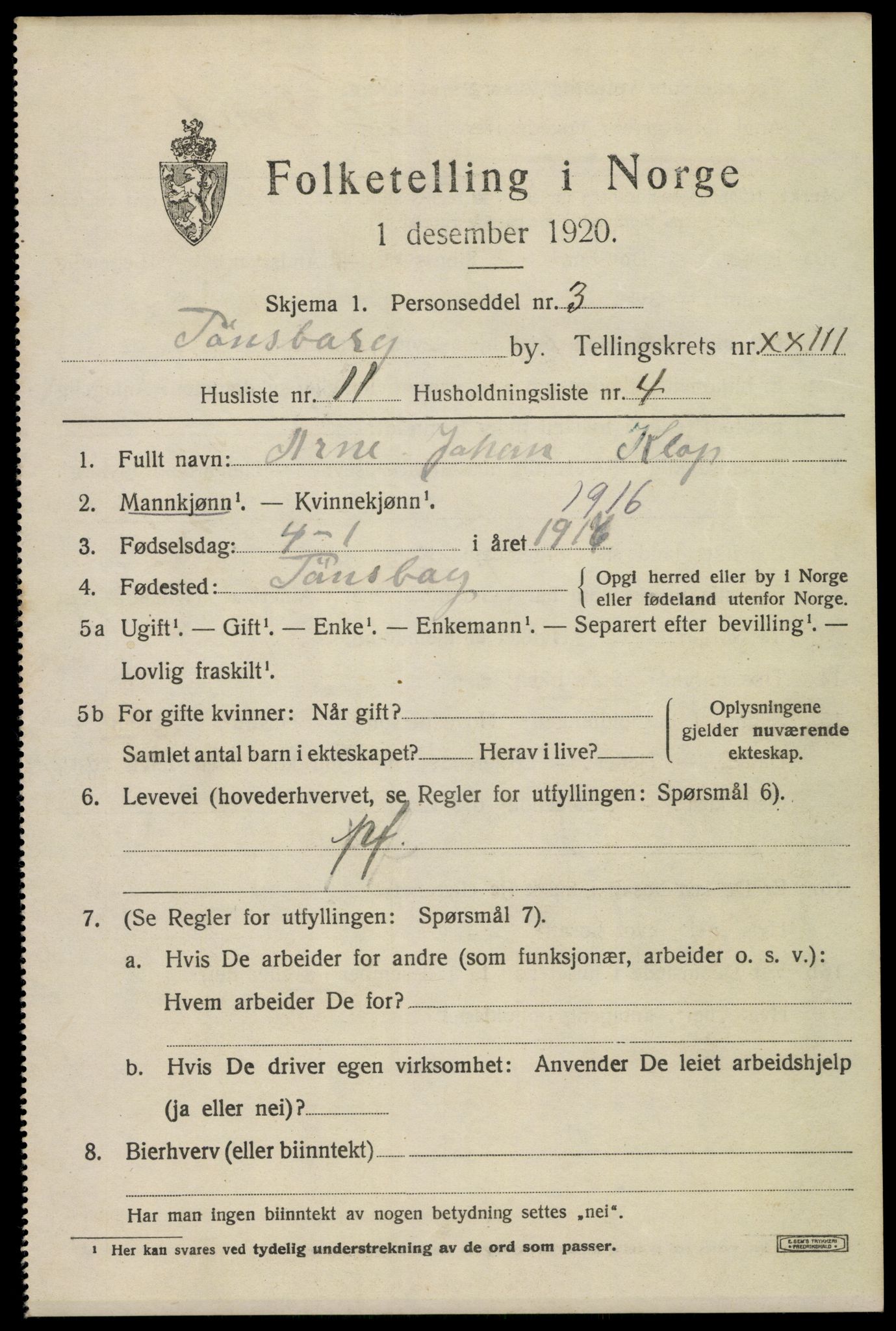 SAKO, Folketelling 1920 for 0705 Tønsberg kjøpstad, 1920, s. 32611