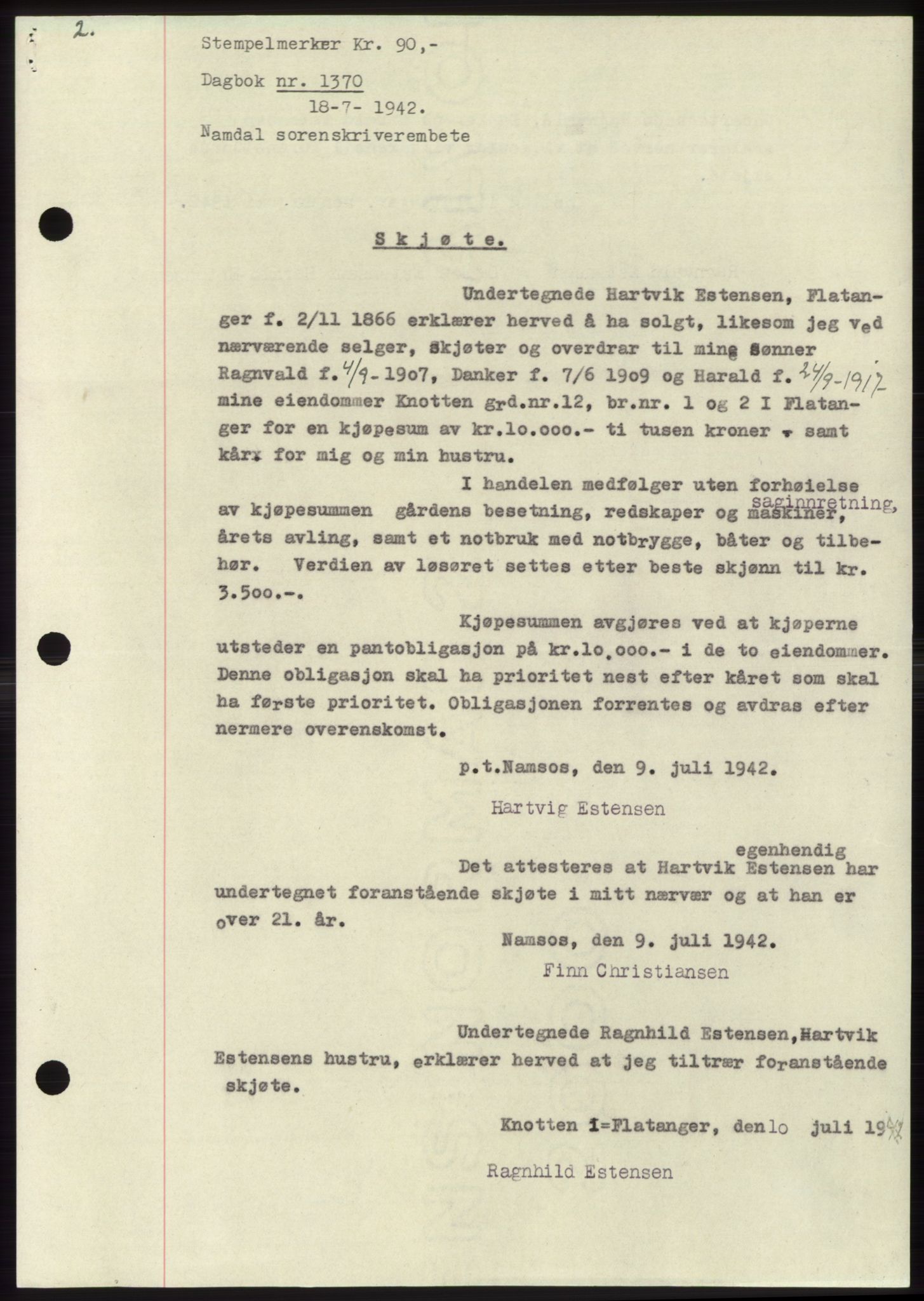 Namdal sorenskriveri, SAT/A-4133/1/2/2C: Pantebok nr. -, 1942-1943, Dagboknr: 1370/1942