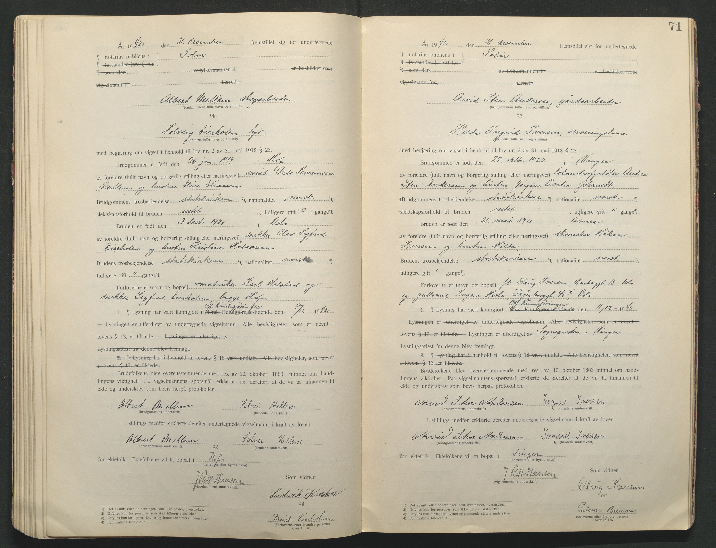 Solør tingrett, AV/SAH-TING-008/L/Lb/L0001: Vigselprotokoll, 1920-1943, s. 71