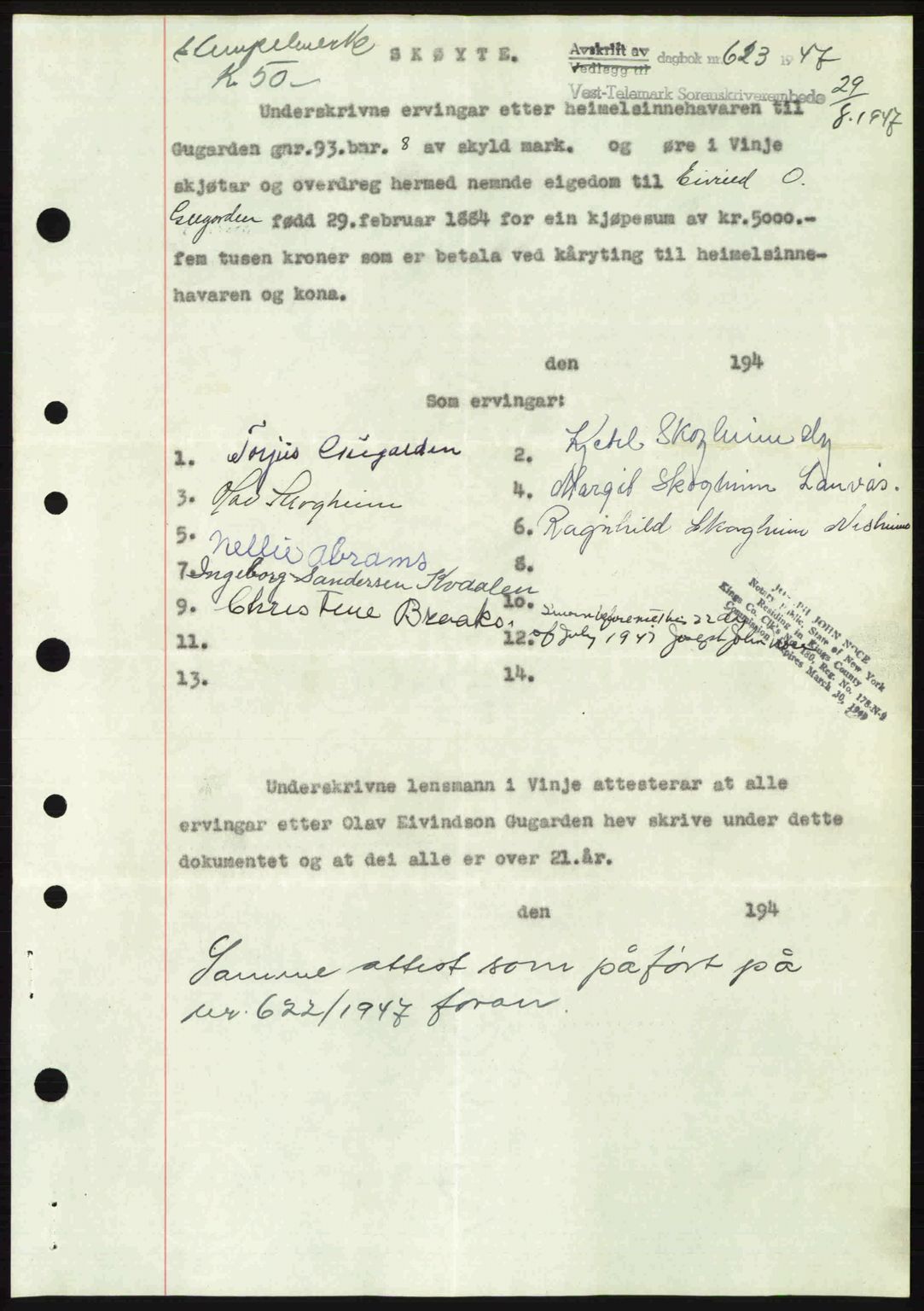 Vest-Telemark sorenskriveri, SAKO/A-134/G/Ga/Gac/L0008: Pantebok nr. A-8, 1947-1948, Dagboknr: 623/1947