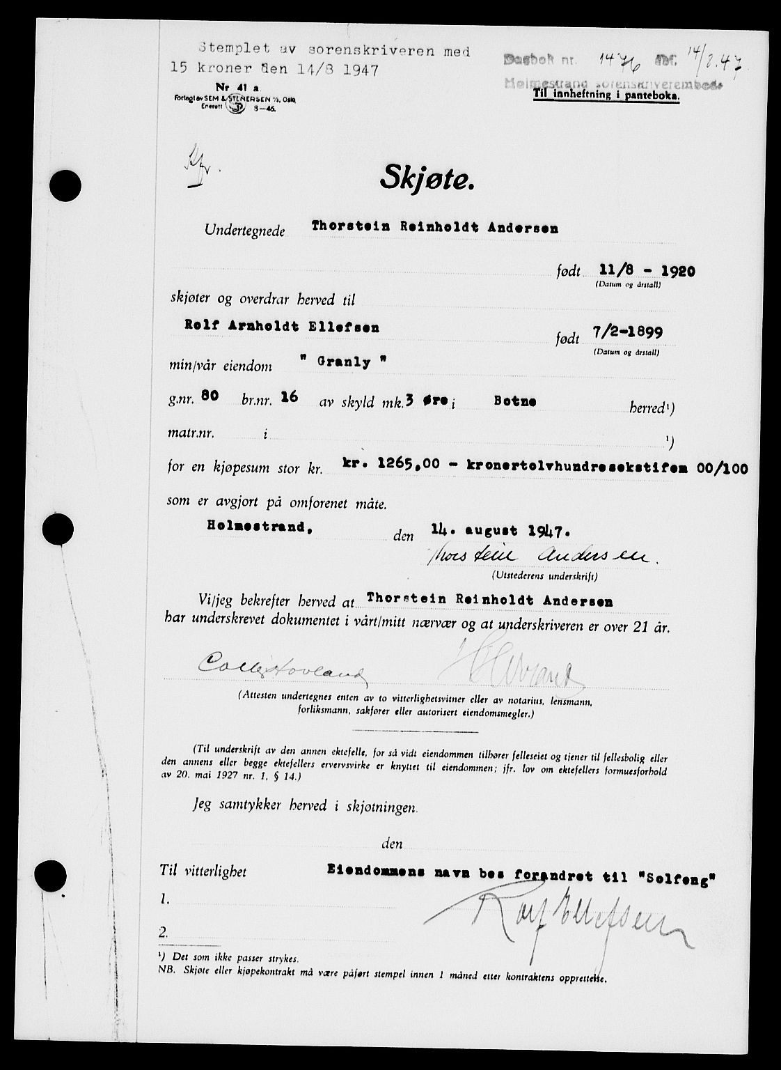 Holmestrand sorenskriveri, SAKO/A-67/G/Ga/Gaa/L0062: Pantebok nr. A-62, 1947-1947, Dagboknr: 1476/1947