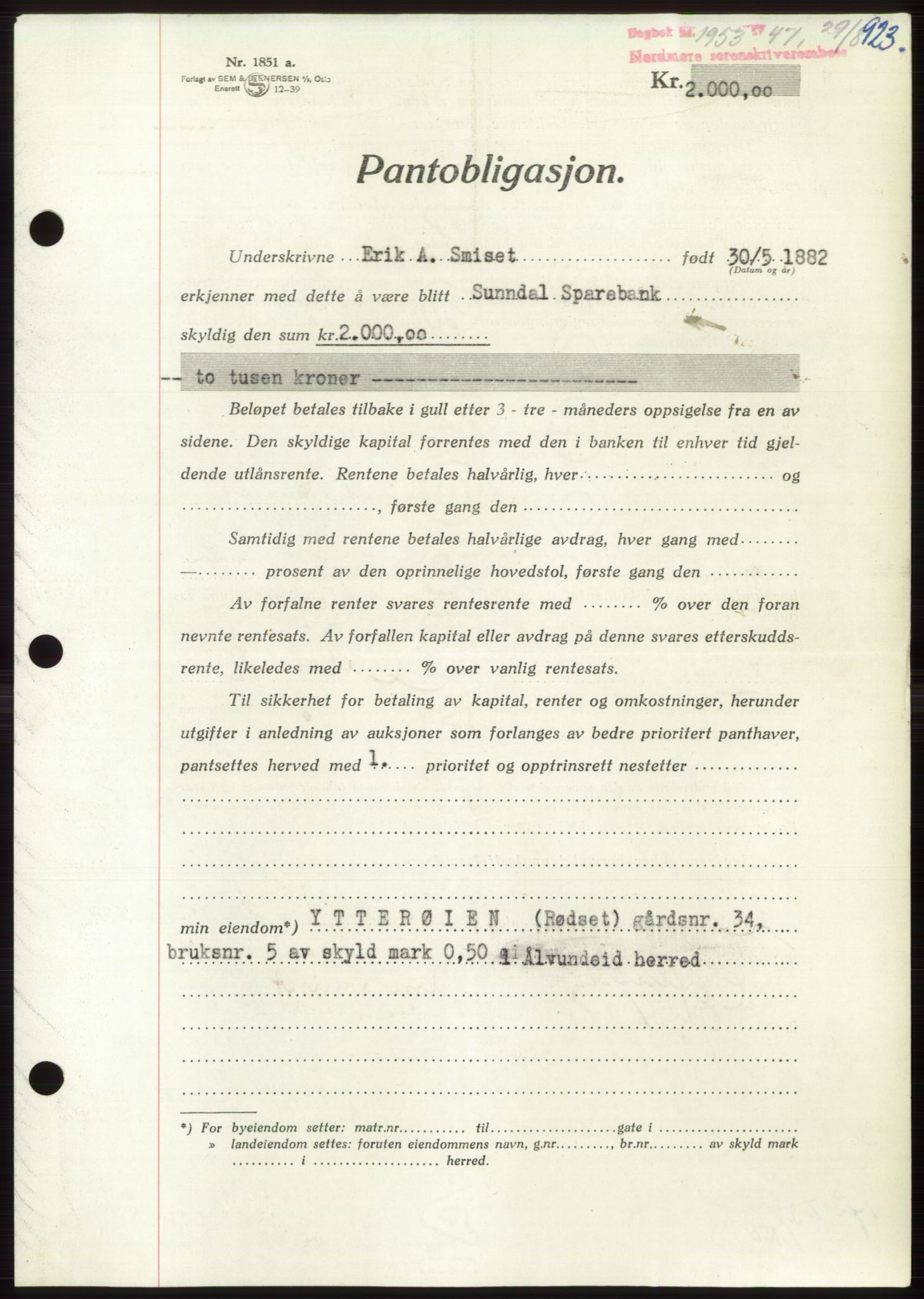 Nordmøre sorenskriveri, AV/SAT-A-4132/1/2/2Ca: Pantebok nr. B96, 1947-1947, Dagboknr: 1953/1947