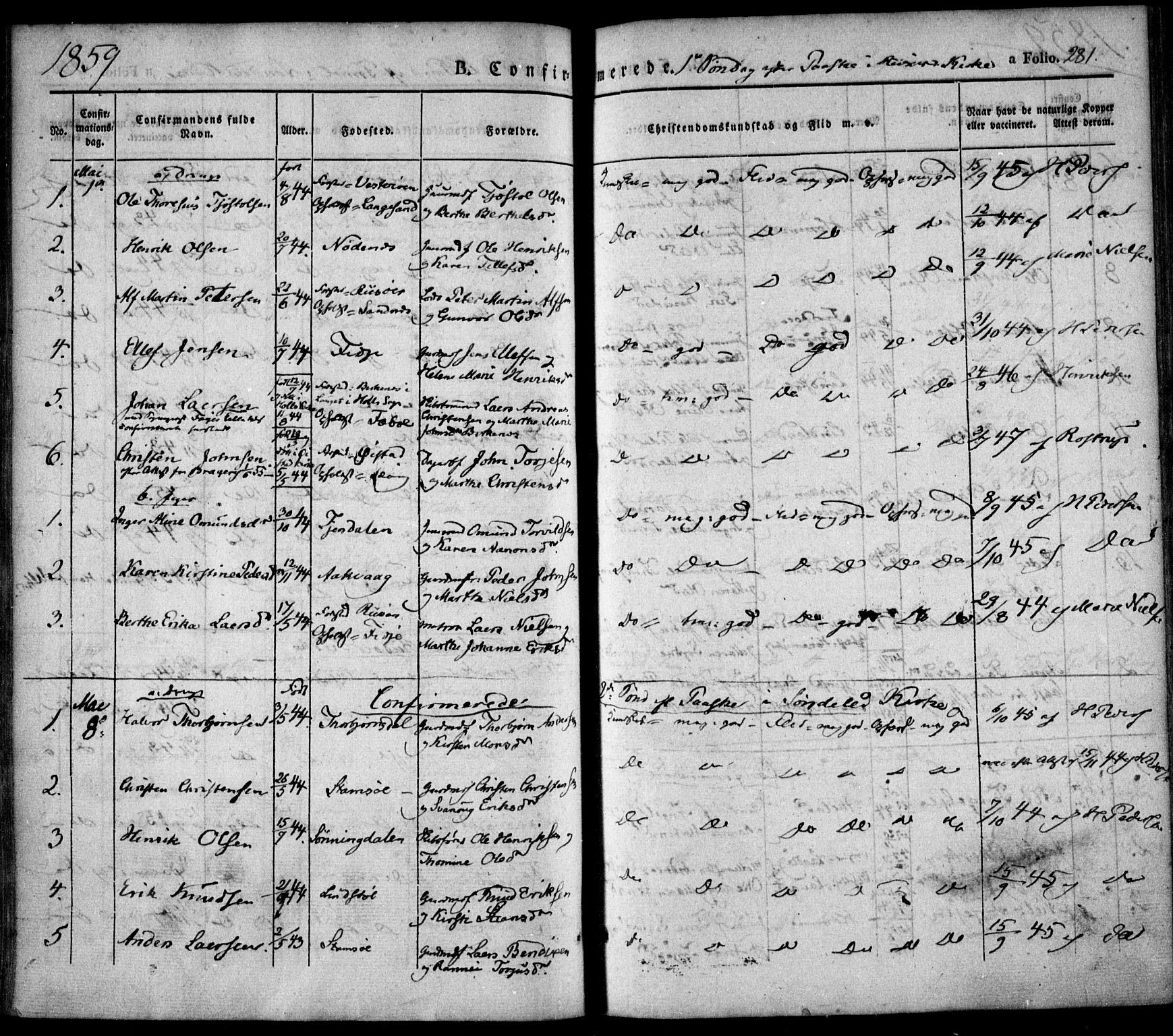 Søndeled sokneprestkontor, SAK/1111-0038/F/Fa/L0002: Ministerialbok nr. A 2, 1839-1860, s. 281