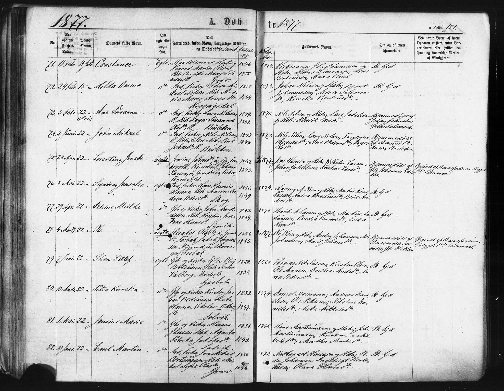Ibestad sokneprestembete, AV/SATØ-S-0077/H/Ha/Haa/L0010kirke: Ministerialbok nr. 10, 1869-1879, s. 121