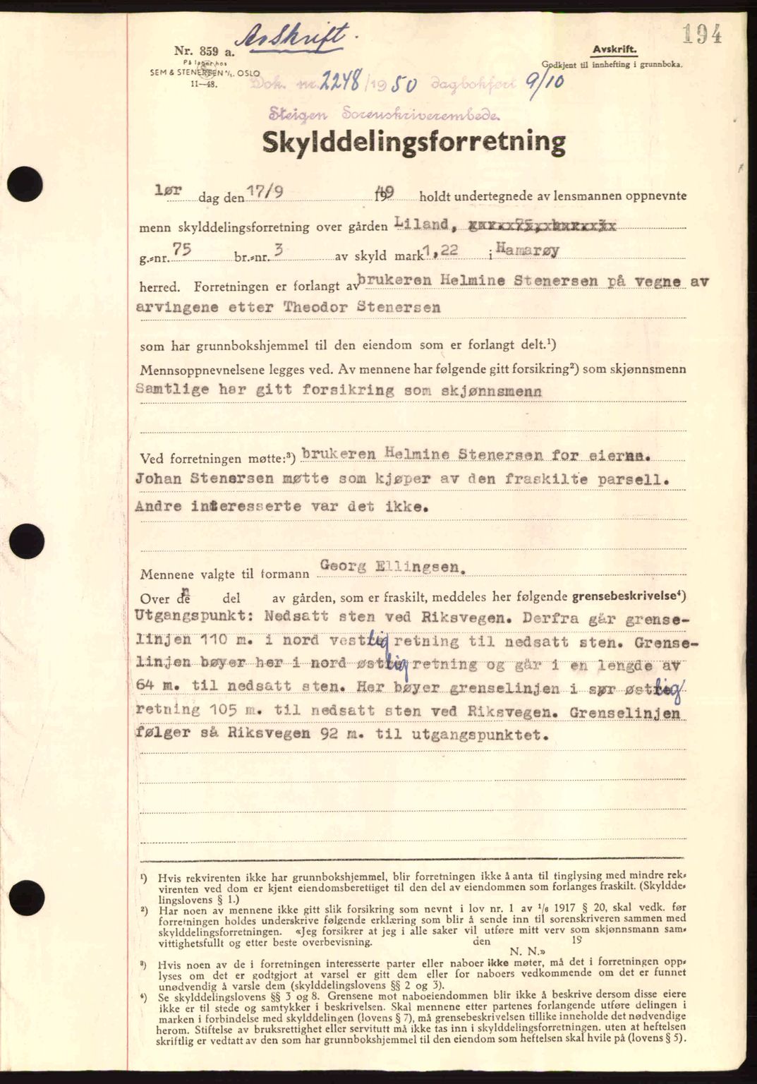 Steigen og Ofoten sorenskriveri, SAT/A-0030/1/2/2C: Pantebok nr. A21, 1950-1950, Dagboknr: 2248/1950