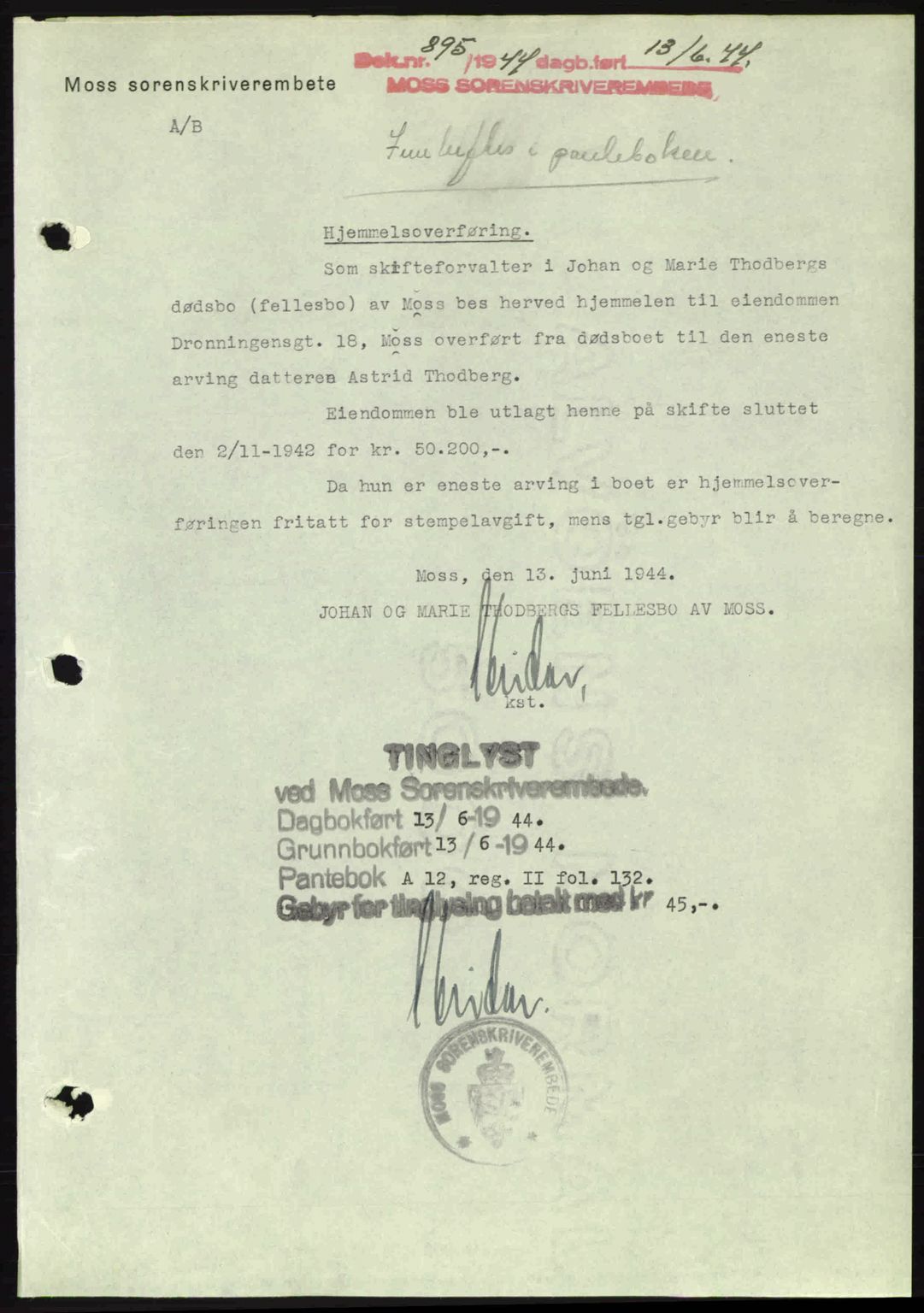 Moss sorenskriveri, SAO/A-10168: Pantebok nr. A12, 1943-1944, Dagboknr: 895/1944