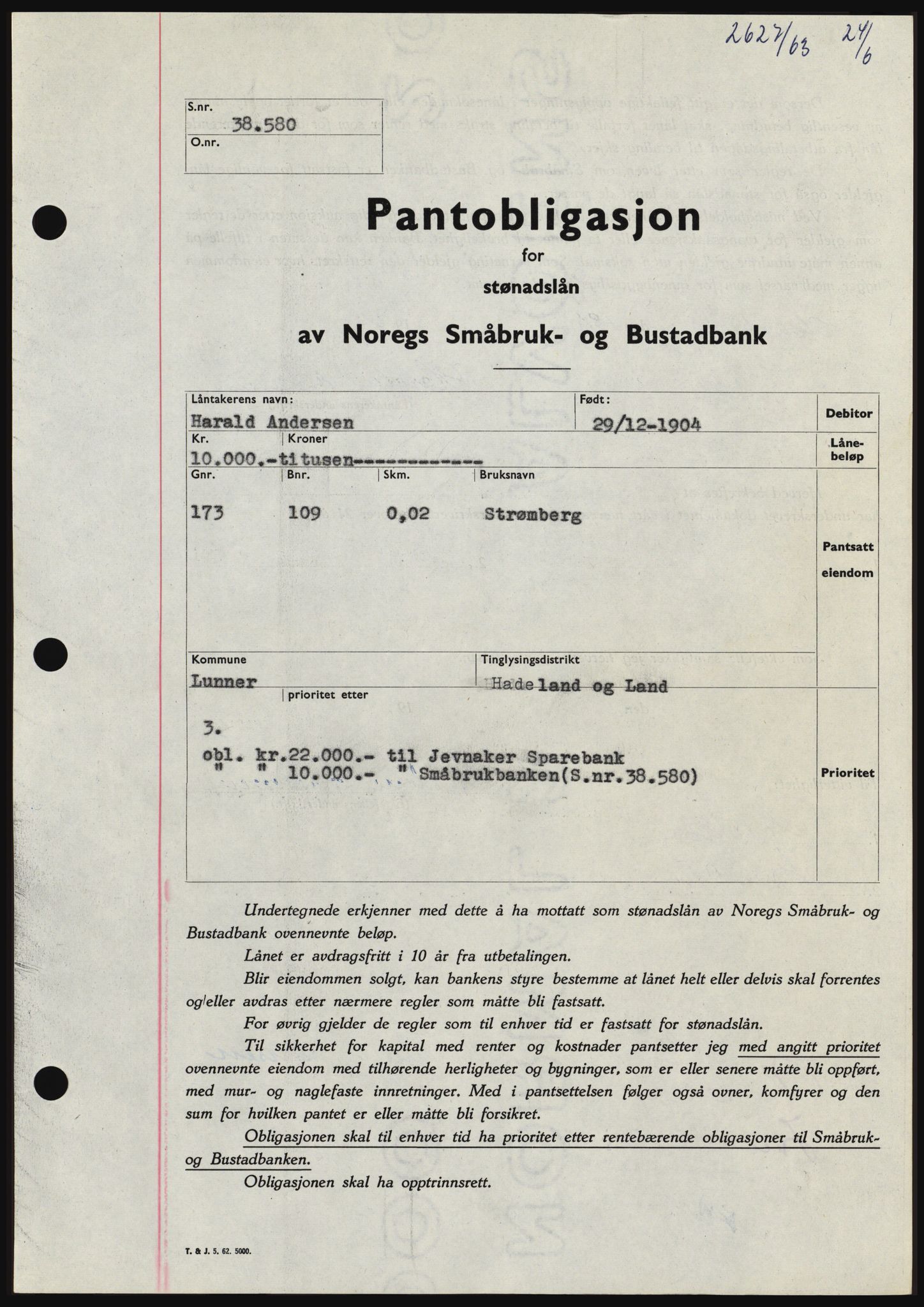 Hadeland og Land tingrett, SAH/TING-010/H/Hb/Hbc/L0052: Pantebok nr. B52, 1963-1963, Dagboknr: 2627/1963