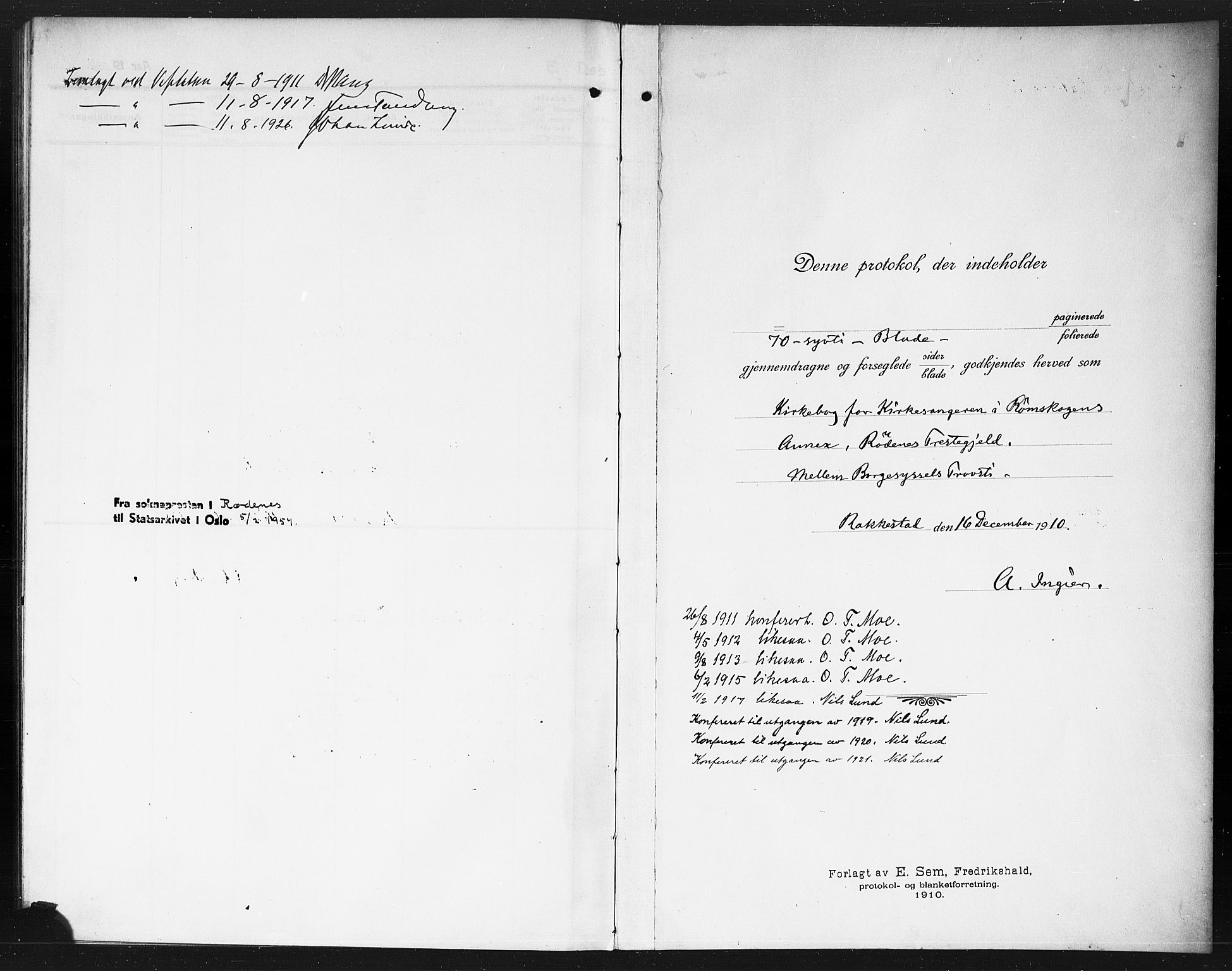 Rødenes prestekontor Kirkebøker, SAO/A-2005/G/Gb/L0002: Klokkerbok nr. II 2, 1911-1921