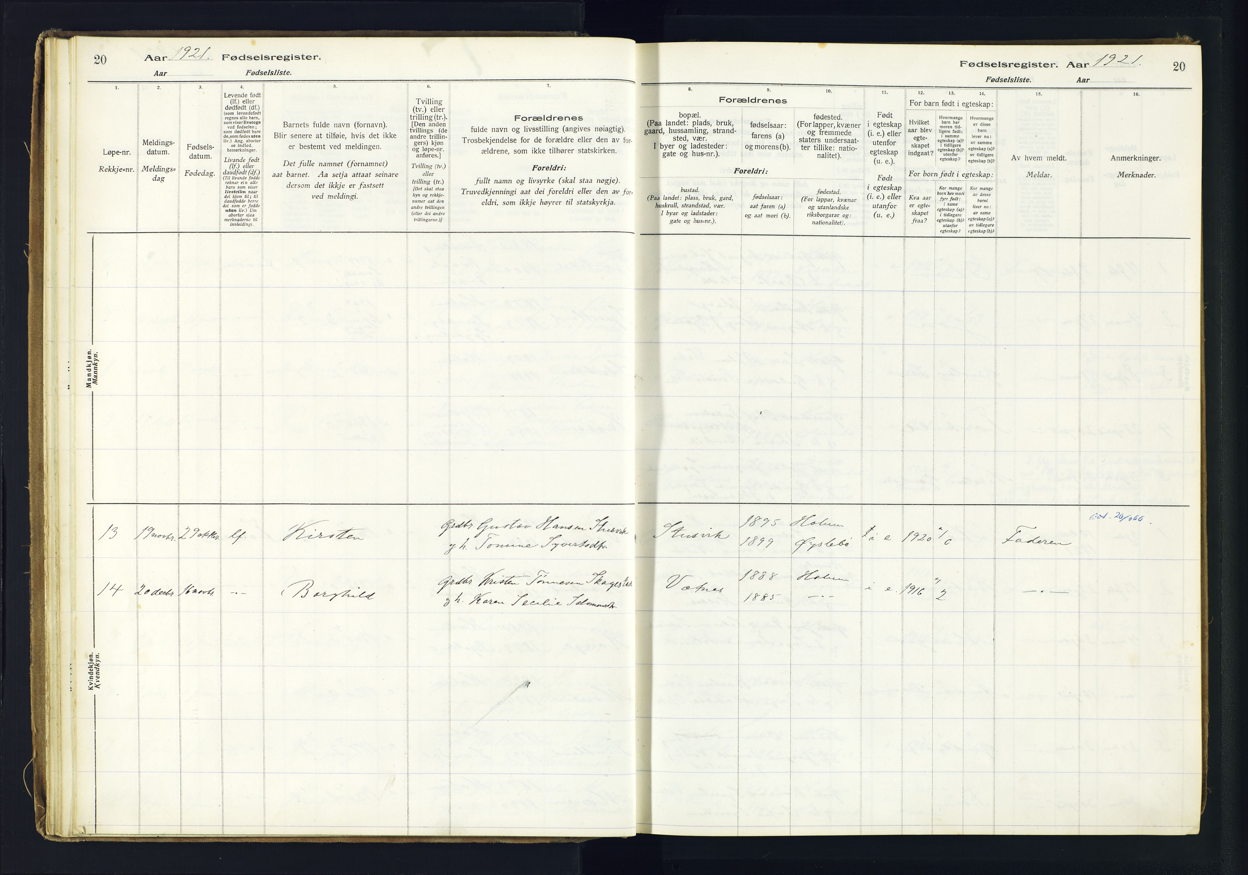 Holum sokneprestkontor, AV/SAK-1111-0022/J/Ja/L0003: Fødselsregister nr. II.6.12, 1916-1982, s. 20