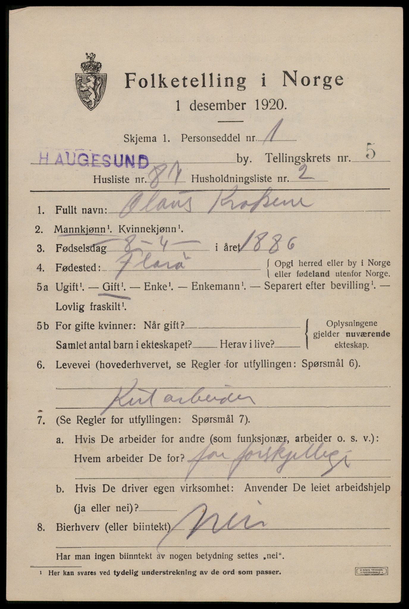 SAST, Folketelling 1920 for 1106 Haugesund kjøpstad, 1920, s. 19535
