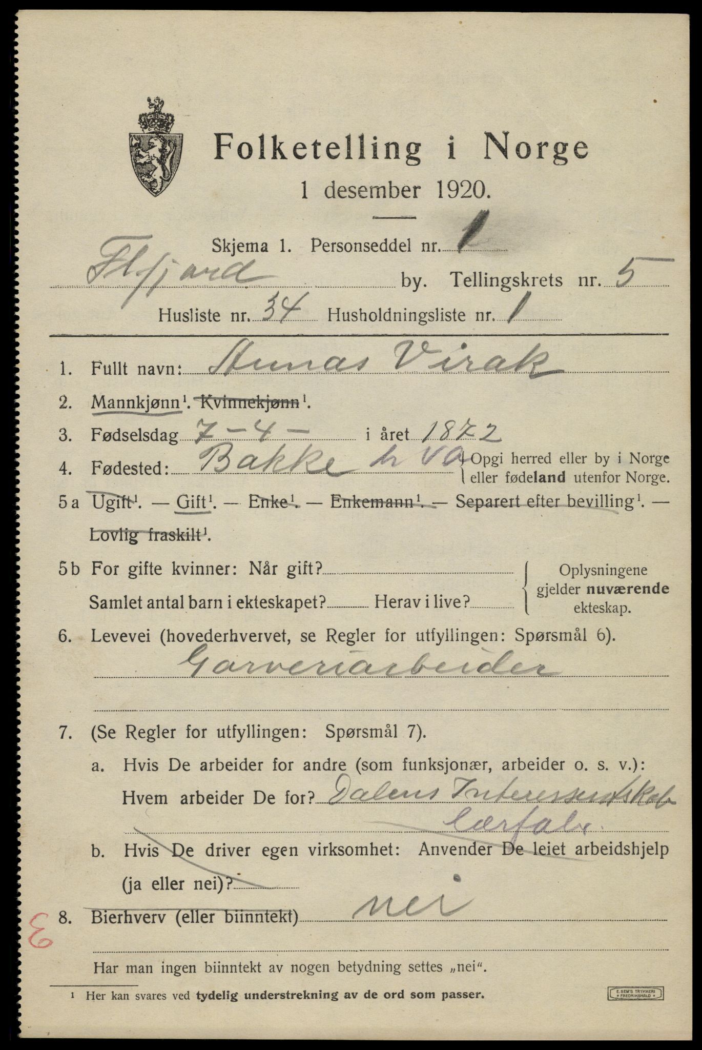 SAK, Folketelling 1920 for 1004 Flekkefjord kjøpstad, 1920, s. 5726