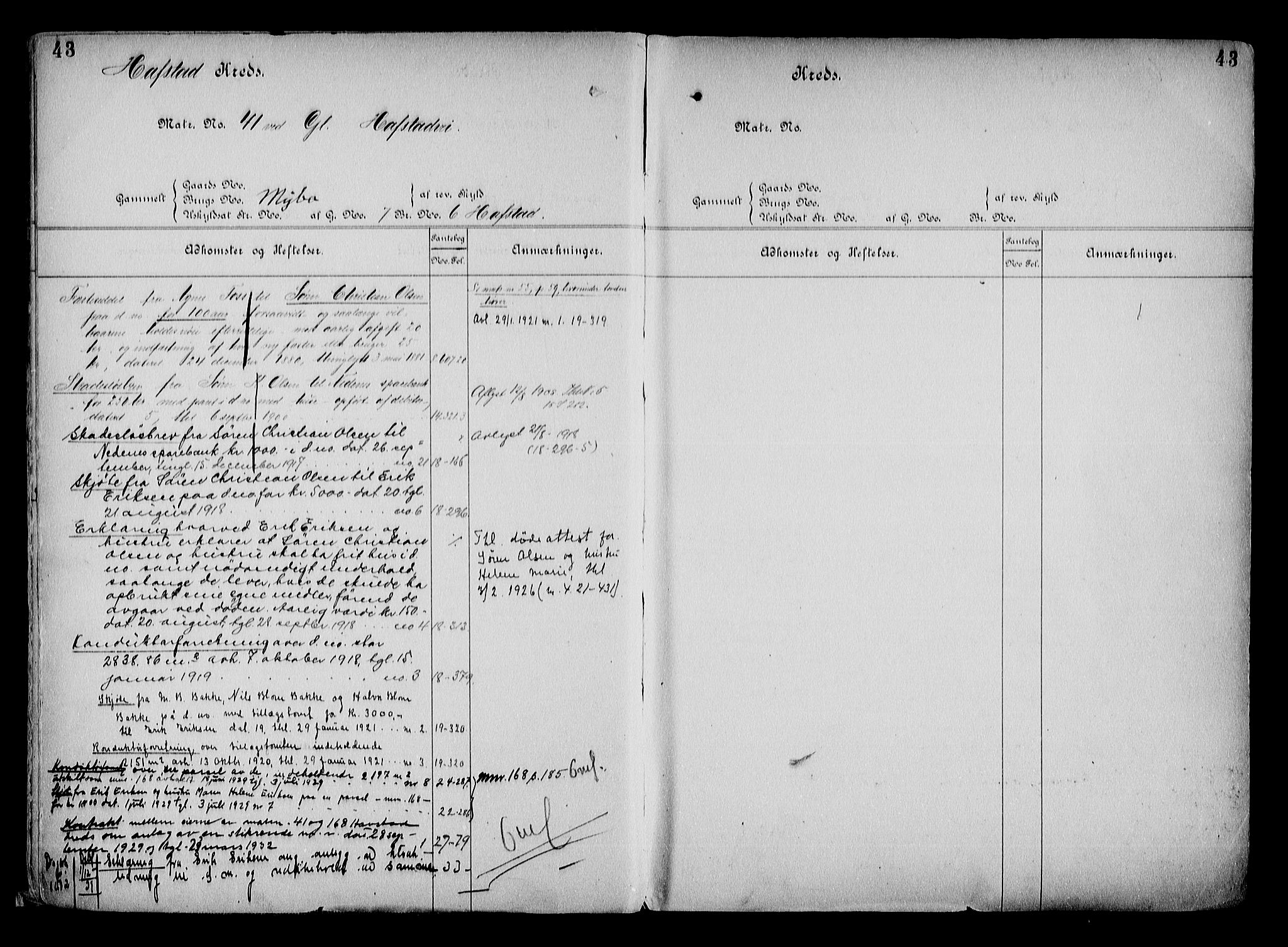 Arendal byfogd, AV/SAK-1222-0001/G/Ga/L0015: Panteregister nr. 13, 1860-1960, s. 43