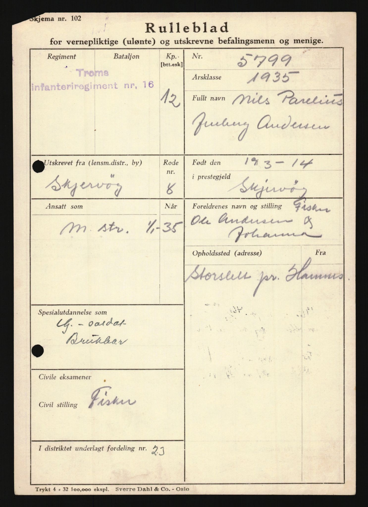 Forsvaret, Troms infanteriregiment nr. 16, AV/RA-RAFA-3146/P/Pa/L0019: Rulleblad for regimentets menige mannskaper, årsklasse 1935, 1935, s. 23