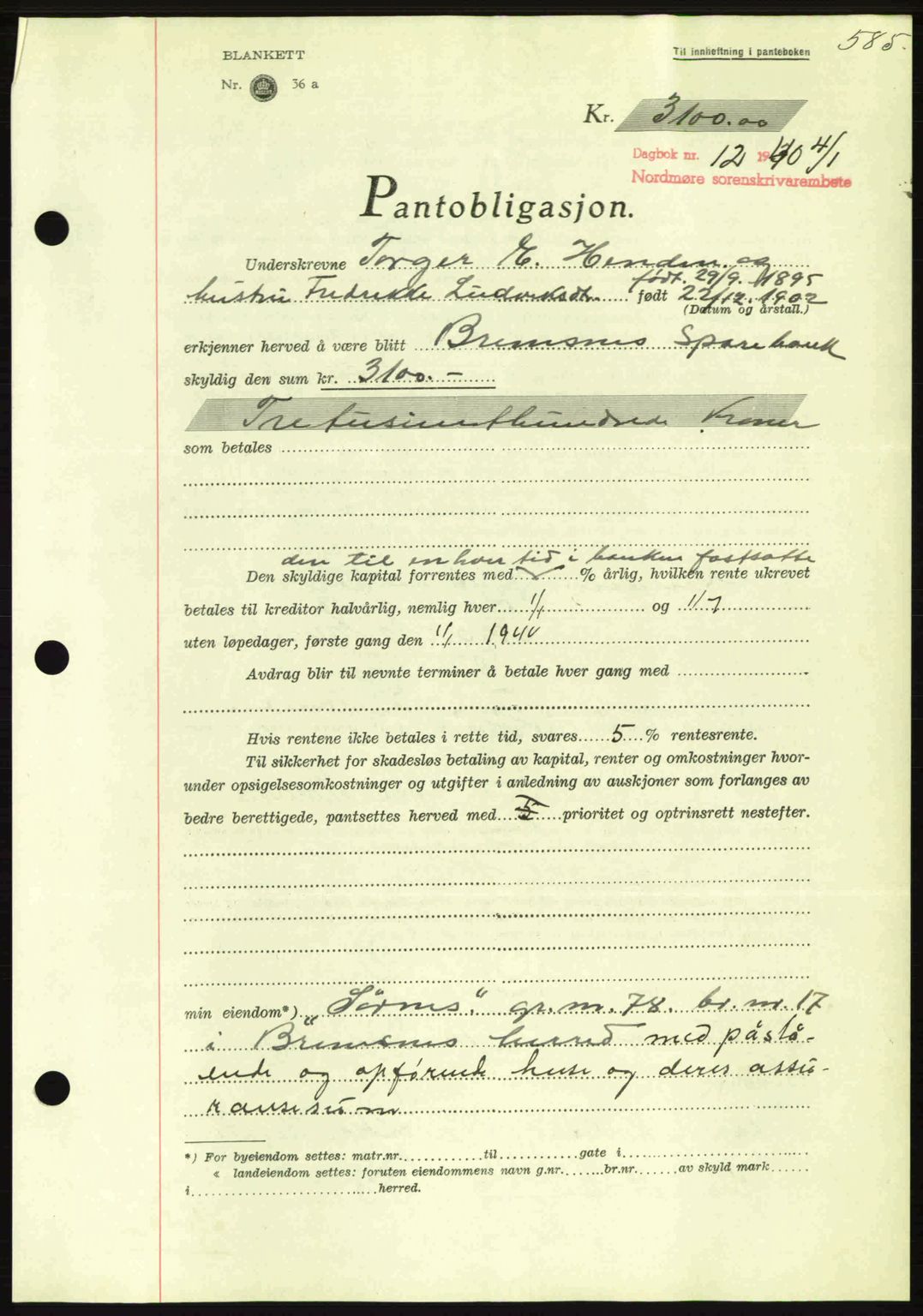 Nordmøre sorenskriveri, AV/SAT-A-4132/1/2/2Ca: Pantebok nr. B86, 1939-1940, Dagboknr: 12/1940