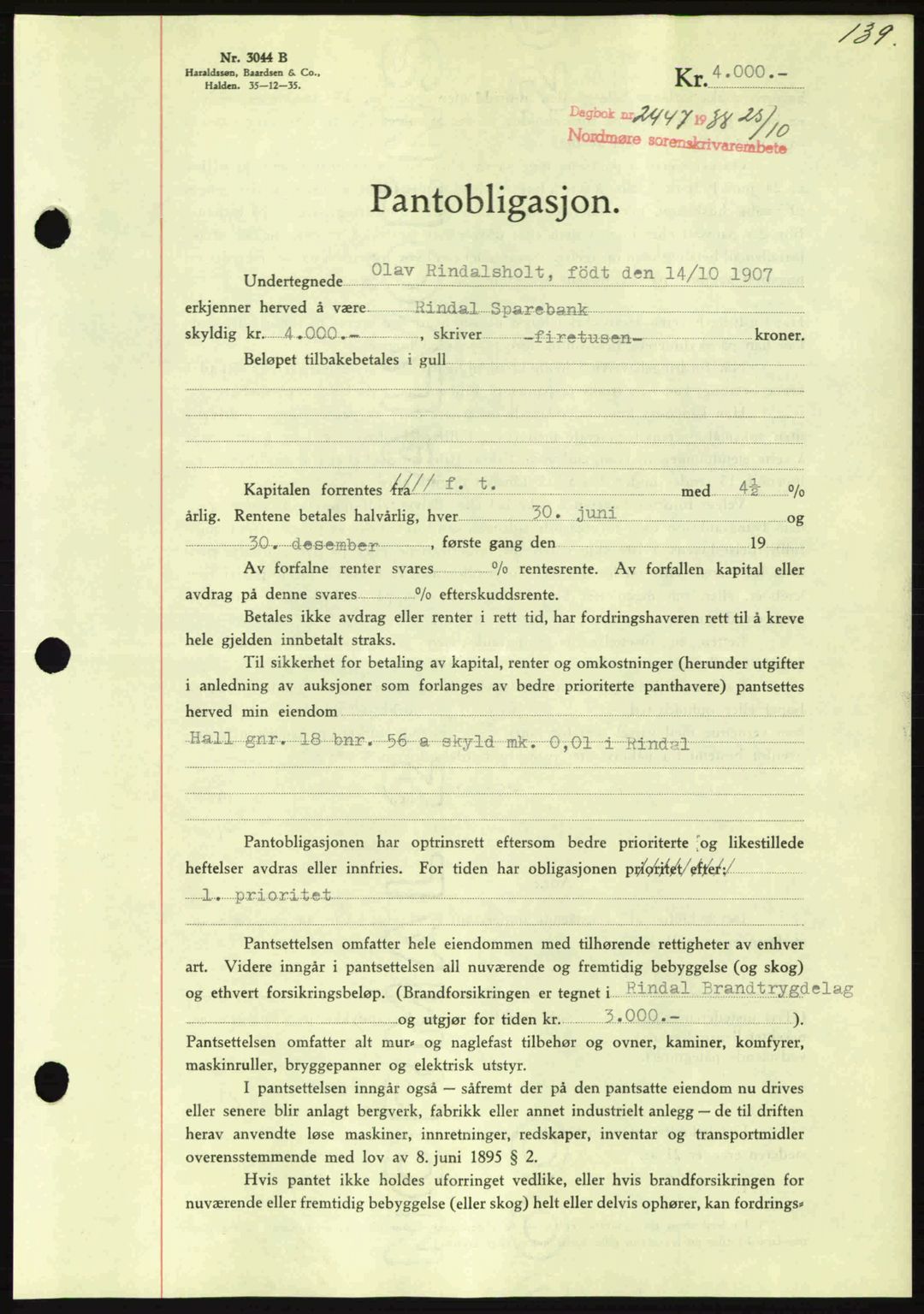 Nordmøre sorenskriveri, SAT/A-4132/1/2/2Ca: Pantebok nr. B84, 1938-1939, Dagboknr: 2447/1938